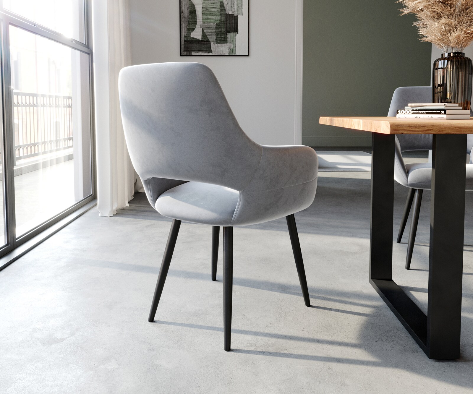 Chaise-de-salle-à-manger Yago-Flex avec accoudoirs velours gris 4 pieds coniques noir ressorts ensachés 4