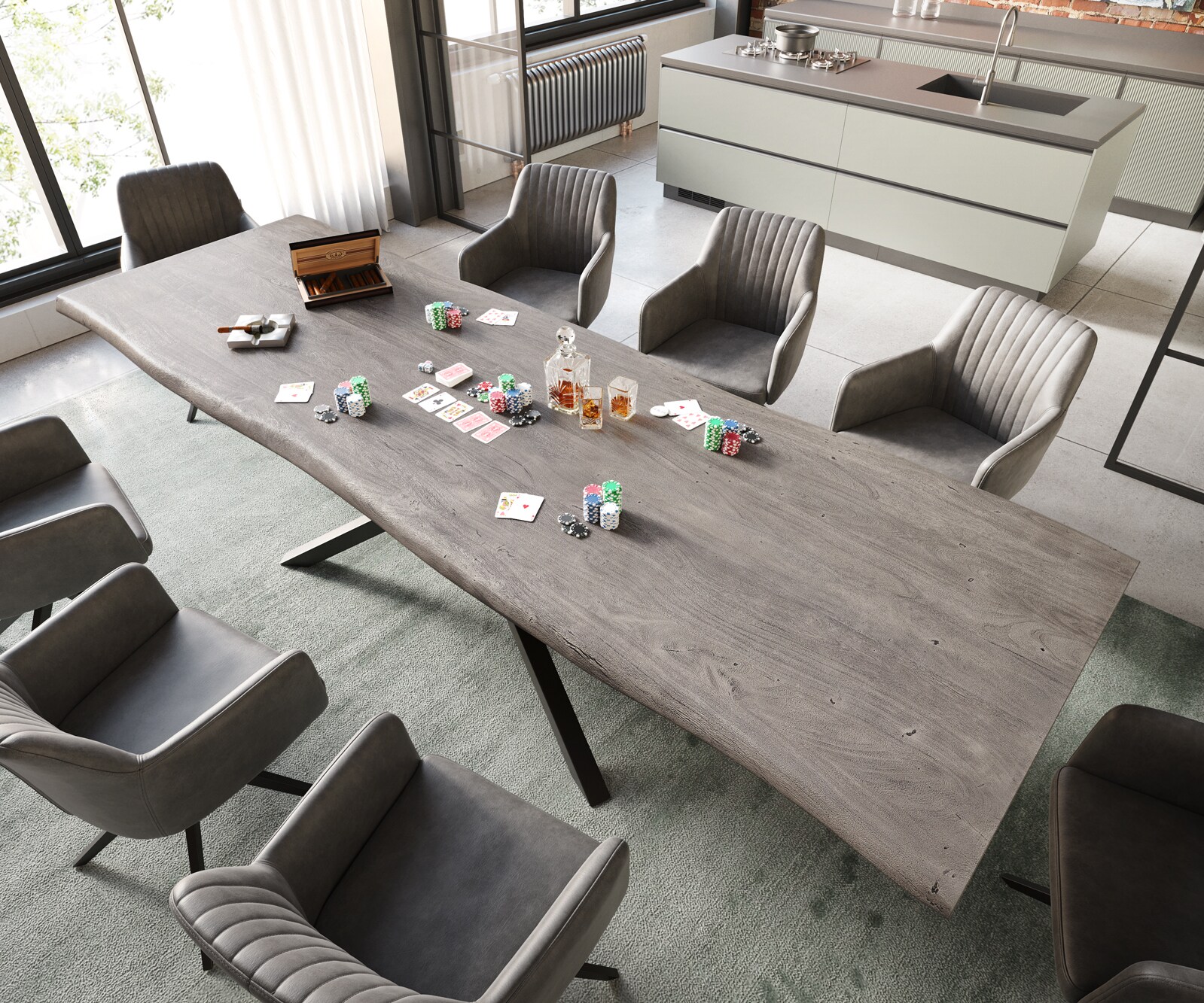 Esstisch Edge 300x100 XL Akazie Platin Kreuzgestell Rechteck Schwarz Live-Edge 2