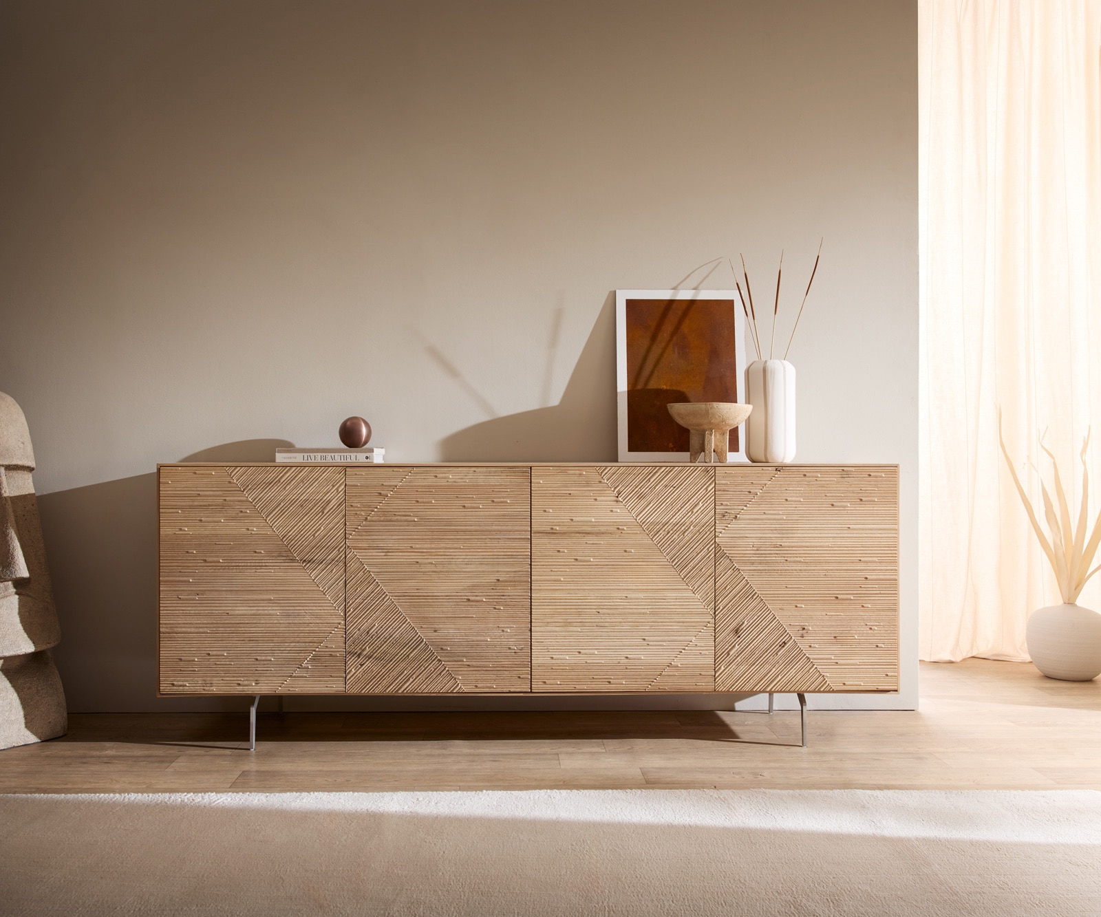 Sideboard Tereos 200 cm Eiche Natur 3D Effekt 4 Türen Winkelfuß Edelstahl gebürstet 3 Sideboard Tereos 200 cm Eiche Natur 3D Effekt 4 Türen Winkelfuß Edelstahl gebürstet 3