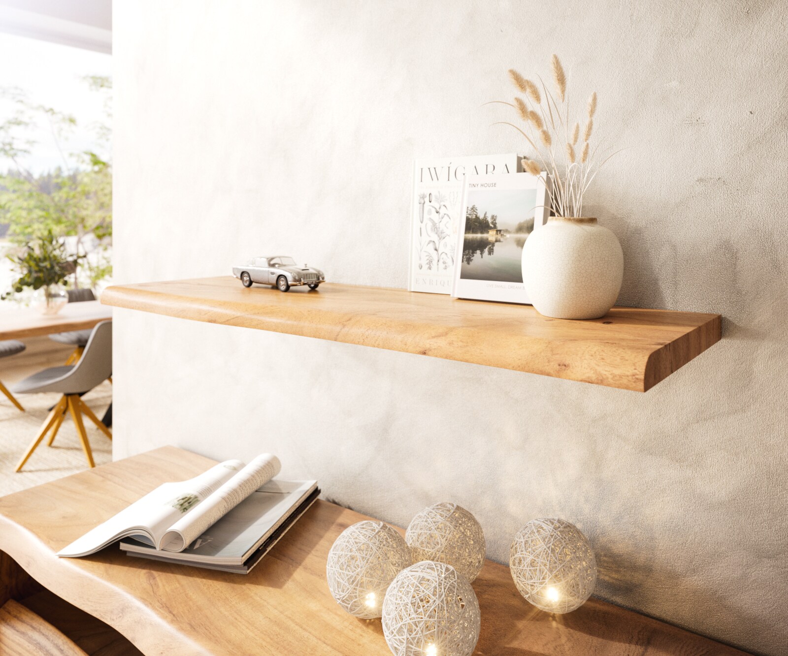Wandboard Live-Edge Akazie Natur 100 cm Massivholz Baumkante Wandregal
