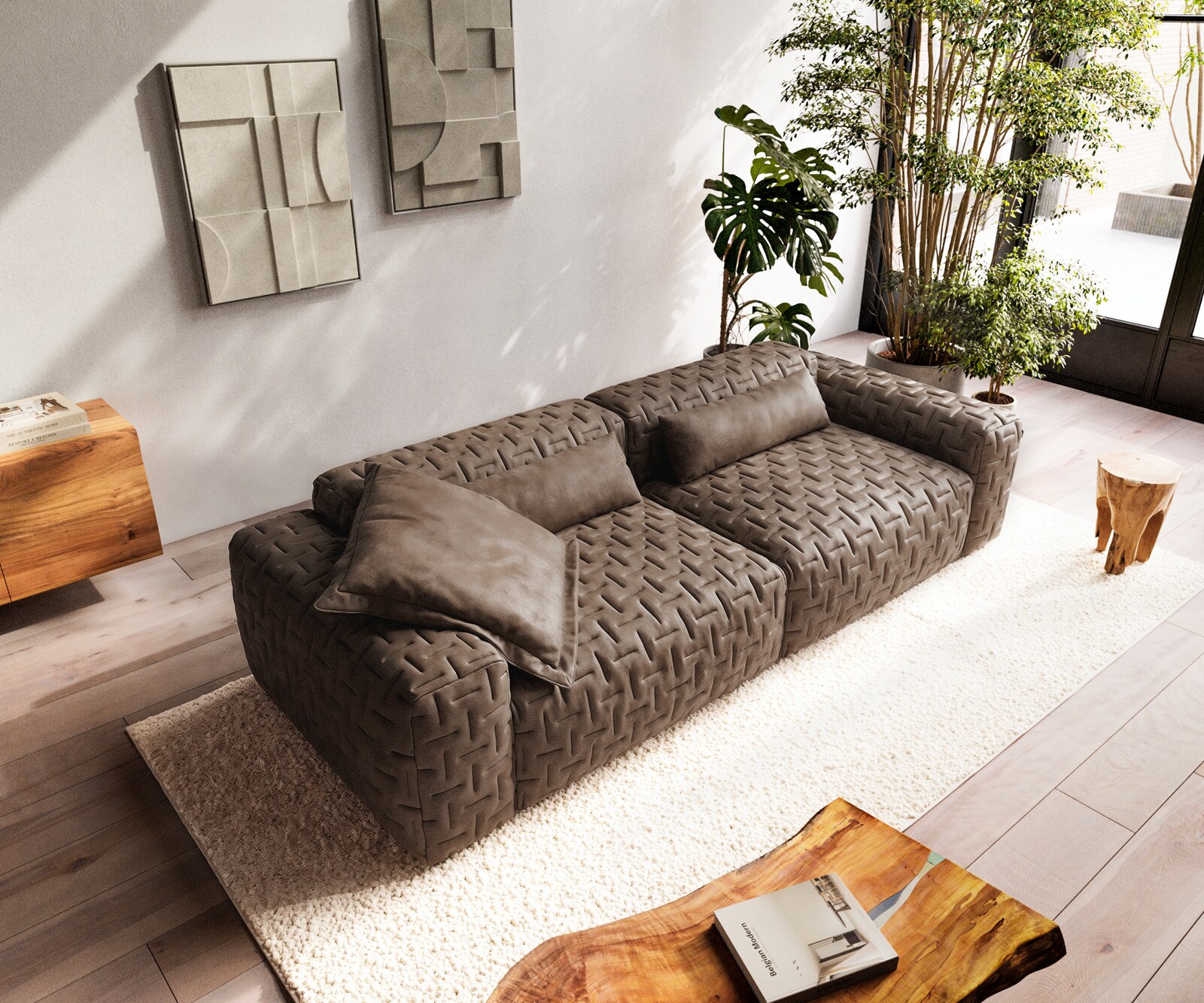 Bigsofa Freestyle 280x110 cm Tissu microfibre Taupe Vintage matelassé 4