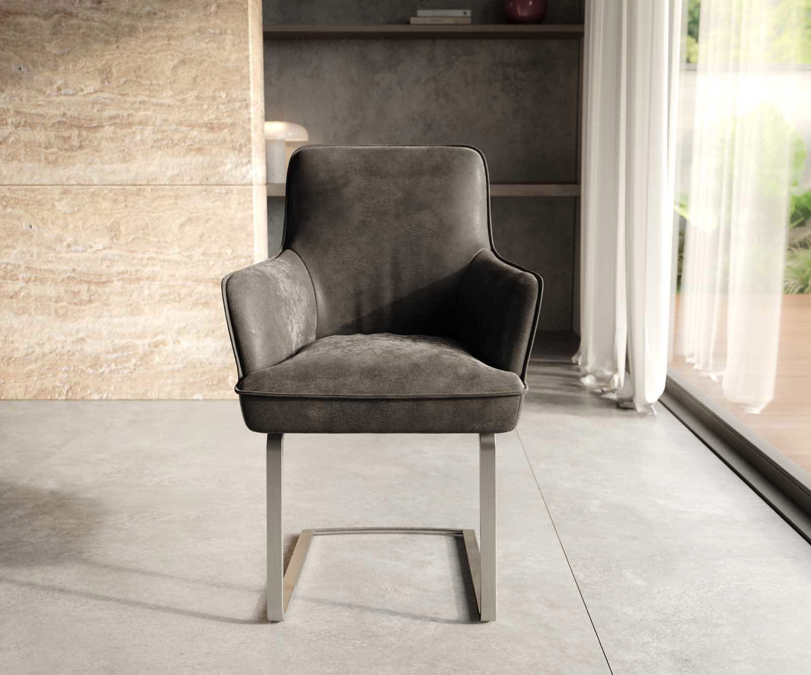 Cantilever Heira-Flex avec accoudoirs microvelours anthracite vintage pied cantilever plat acier inoxydable brossé ressorts ensachés 1