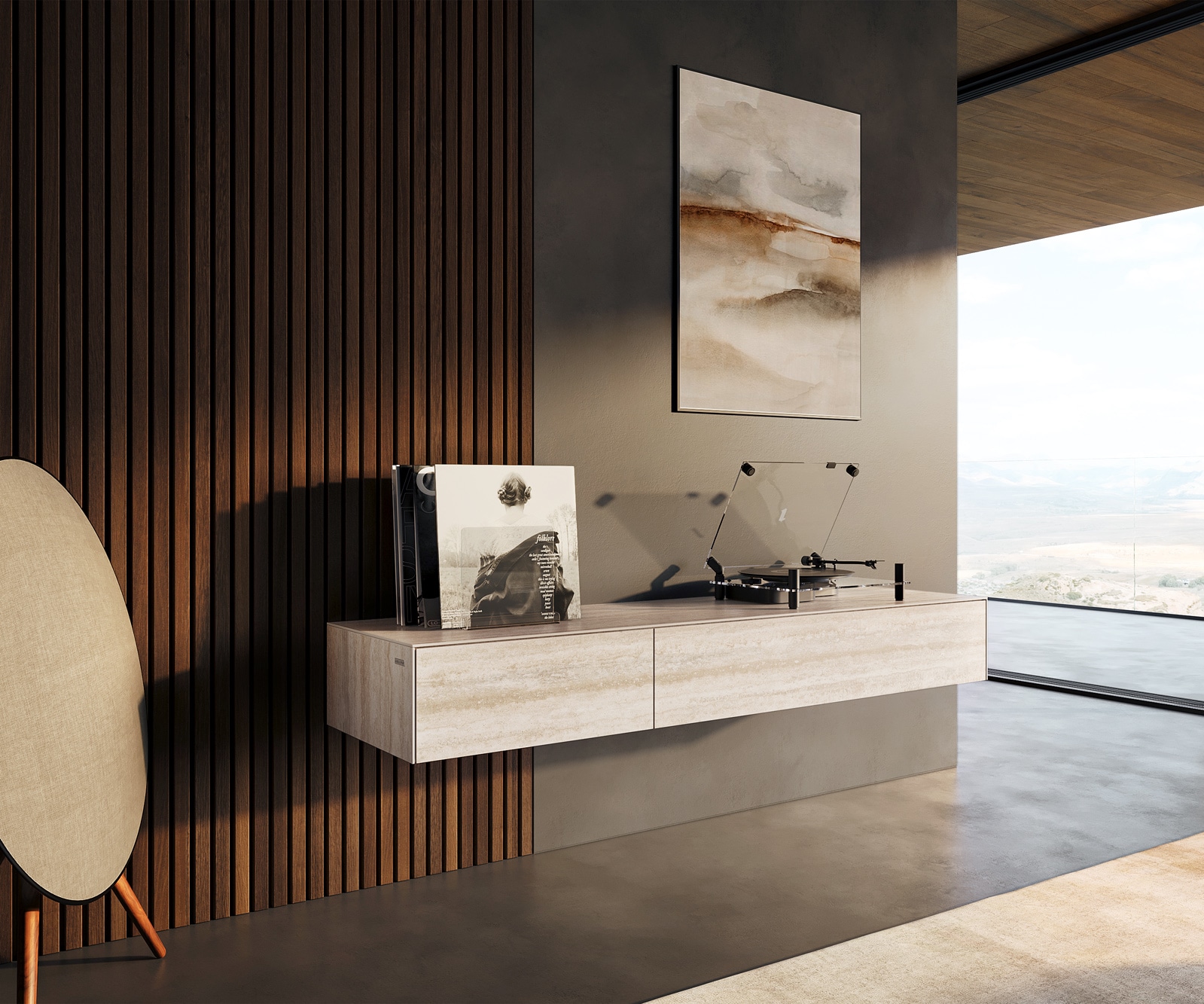 TV-Board Cuor Keramik Laminam® Travertino Bianco Creme-Weiß 150 cm 1 Klappe 1 Schubfach Schwebend Lowboard