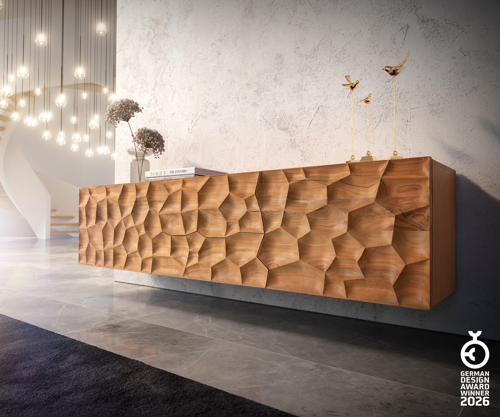 Lowboard Solu 175 cm Akazie Natur 2 Türen 2 Schübe schwebend 3D-Front