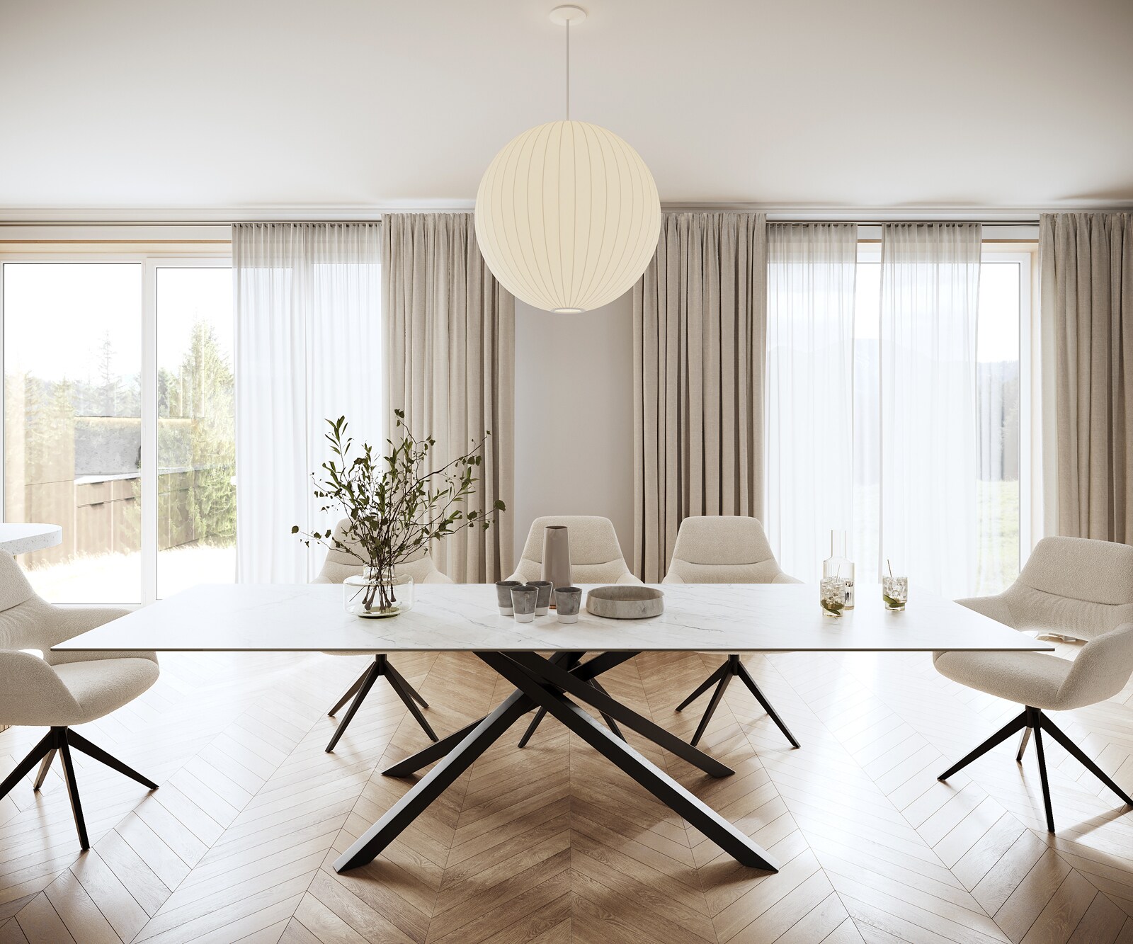 Table-à-manger Edge 300x100cm Laminam® céramique blanc pieds milieu croisé noir 1