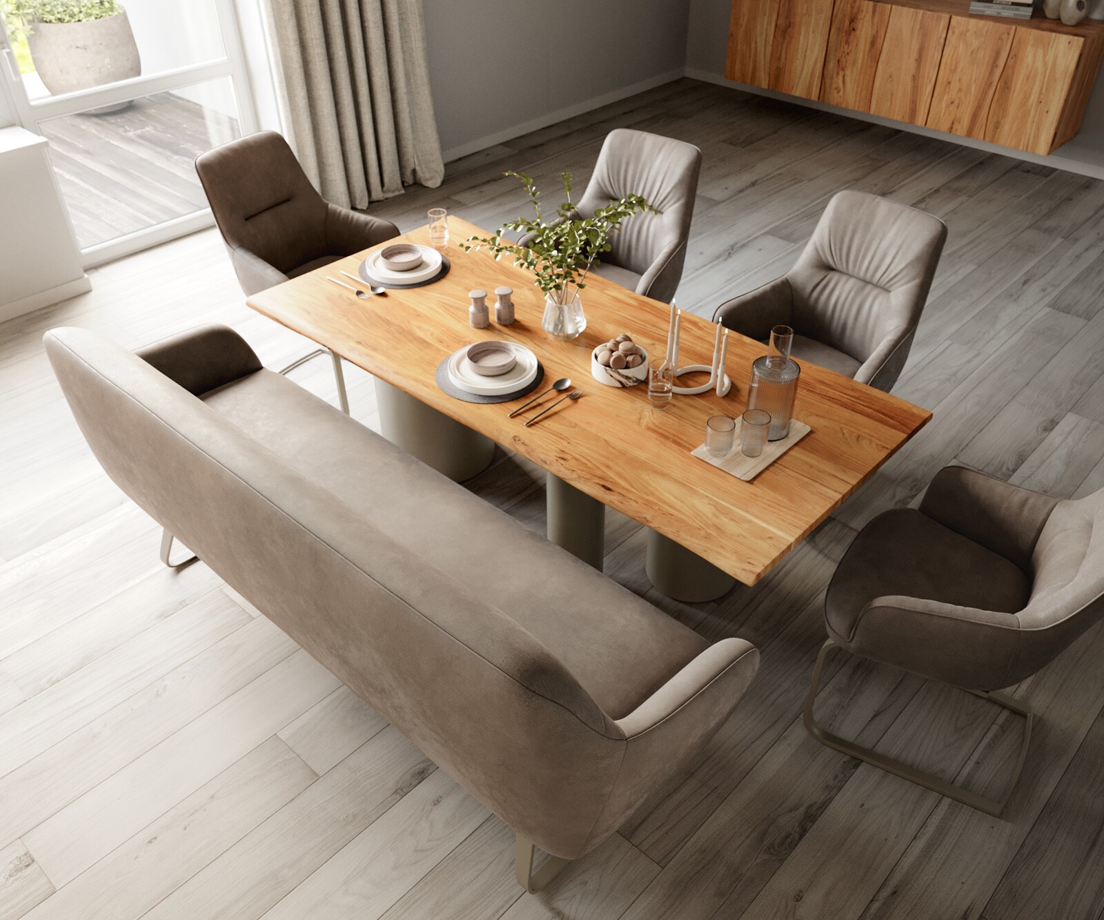 Banc-de-salle-à-manger Taya-Flex 200 cm microfibre taupe vintage châssis à patins plat titane ressort ensaché 3