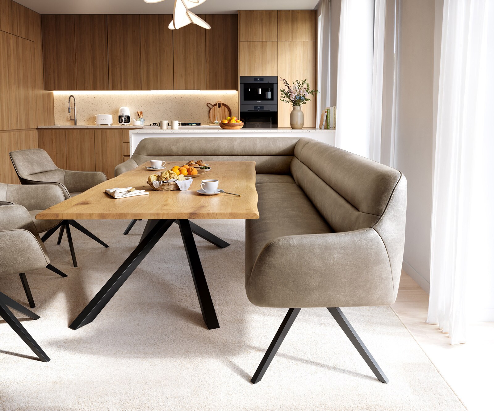 Esszimmerbank Taya-Flex 285x190 cm Mikrofaser Beige Vintage Kreuzgestell kantig Schwarz Taschenfederkern Rechts 1