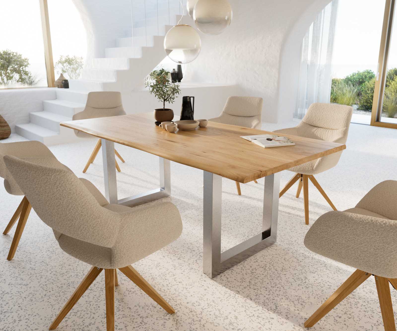 Table-à-manger Edge 200x100x2,5-3 chêne nature acier inoxydable large Live-Edge 8