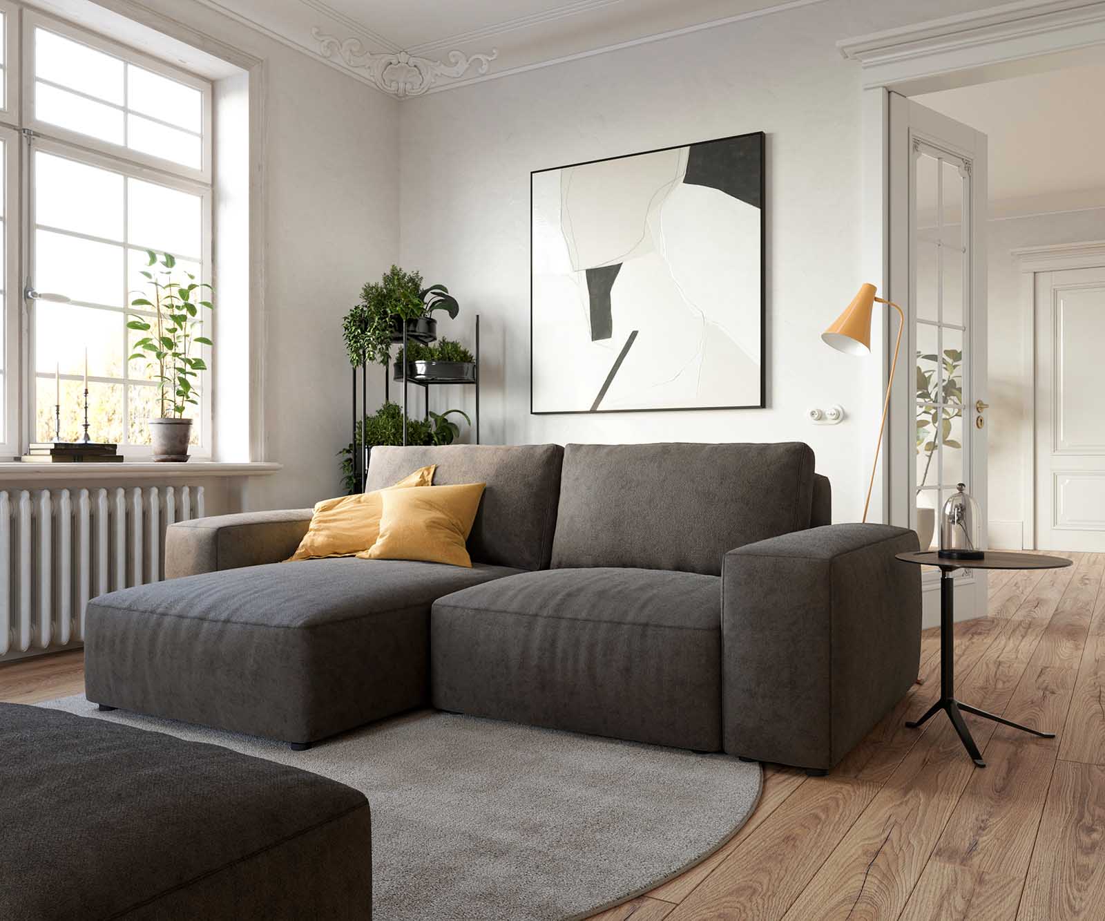 Canapé d’angle Lanzo 230x155 cm microfibre brun kaki méridienne réversible avec pouf