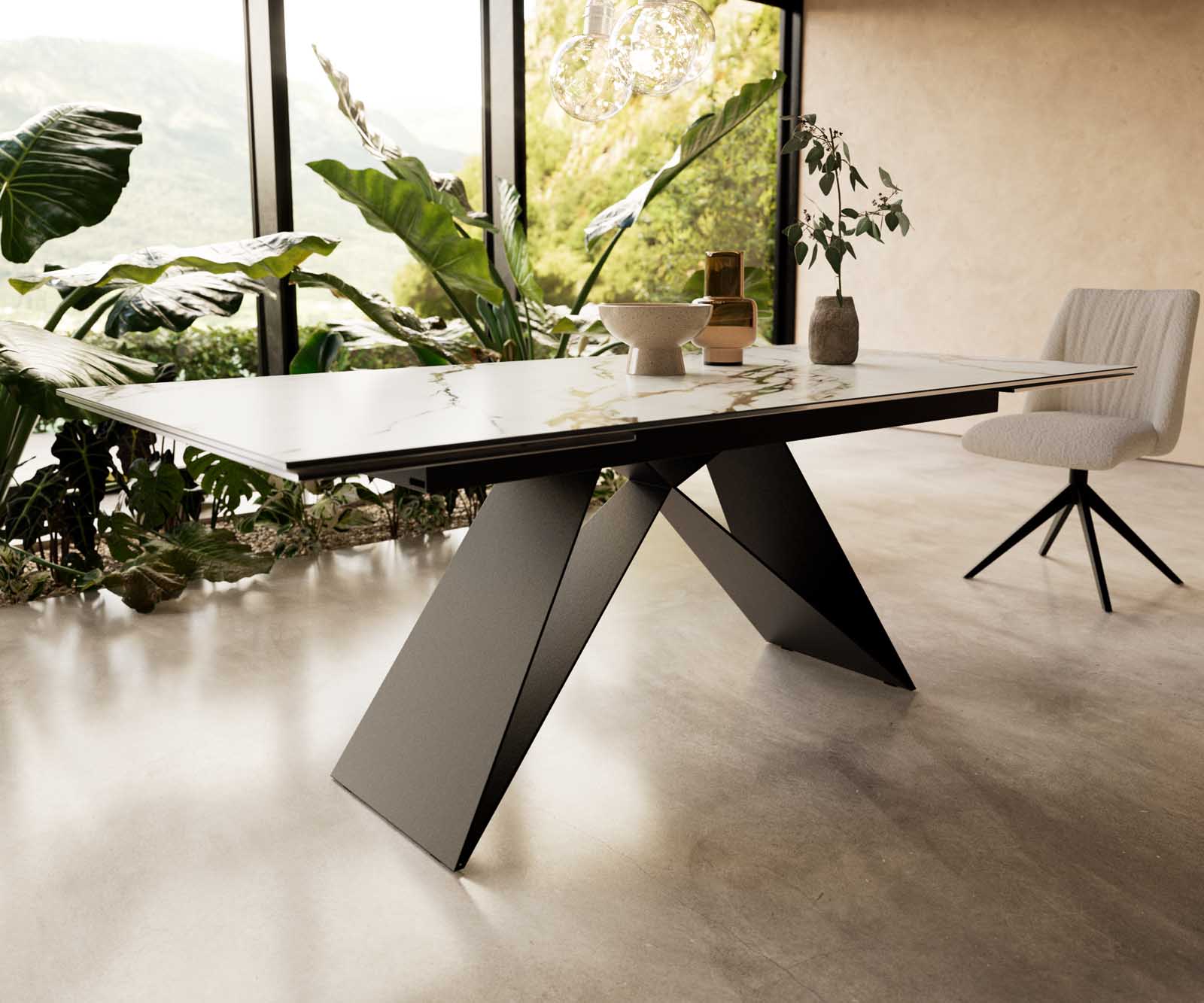 Esstisch Edge 200-300x100 Keramik Calacatta Luxe Weiß-Gold-Grau V-Gestell Flachstahl Schwarz ausziehbar 7