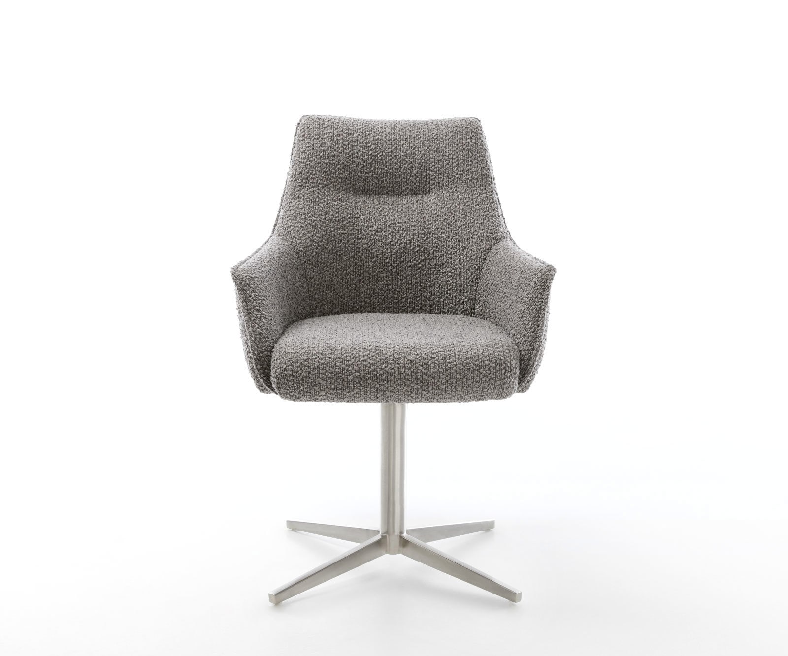 Chaise-pivotante Alja-Flex avec accoudoirs bouclé gris argenté pied de chaise 4 branches acier inoxydable brossé pivotement sur 360° ressorts ensachés 1 Chaise-pivotante Alja-Flex avec accoudoirs bouclé gris argenté pied de chaise 4 branches acier inoxydable brossé pivotement sur 360° ressorts ensachés 1