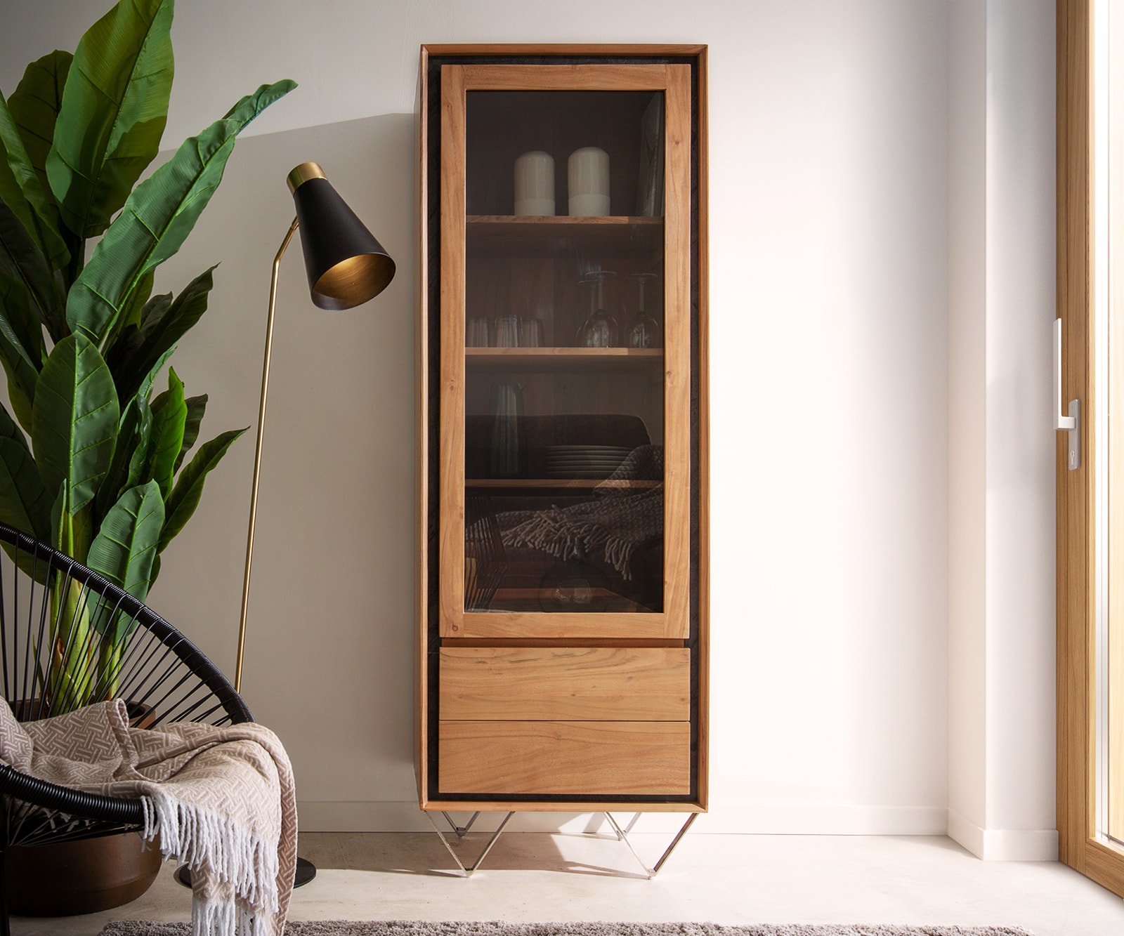 Vitrine Stonegrace 60x175 acacia nature 1portes  2 tiroirs placage en pierre pieds en V 1 Vitrine Stonegrace 60x175 acacia nature 1portes  2 tiroirs placage en pierre pieds en V 1