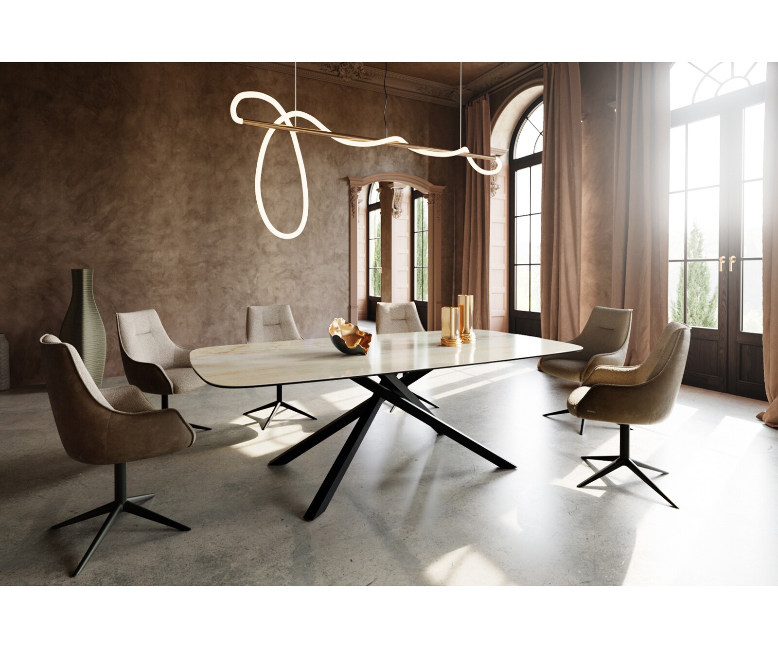 Table à manger Edge Boot 240x120 cm Céramique Iris FMG Onice Oro piètement en croix Rectangle Noir 5