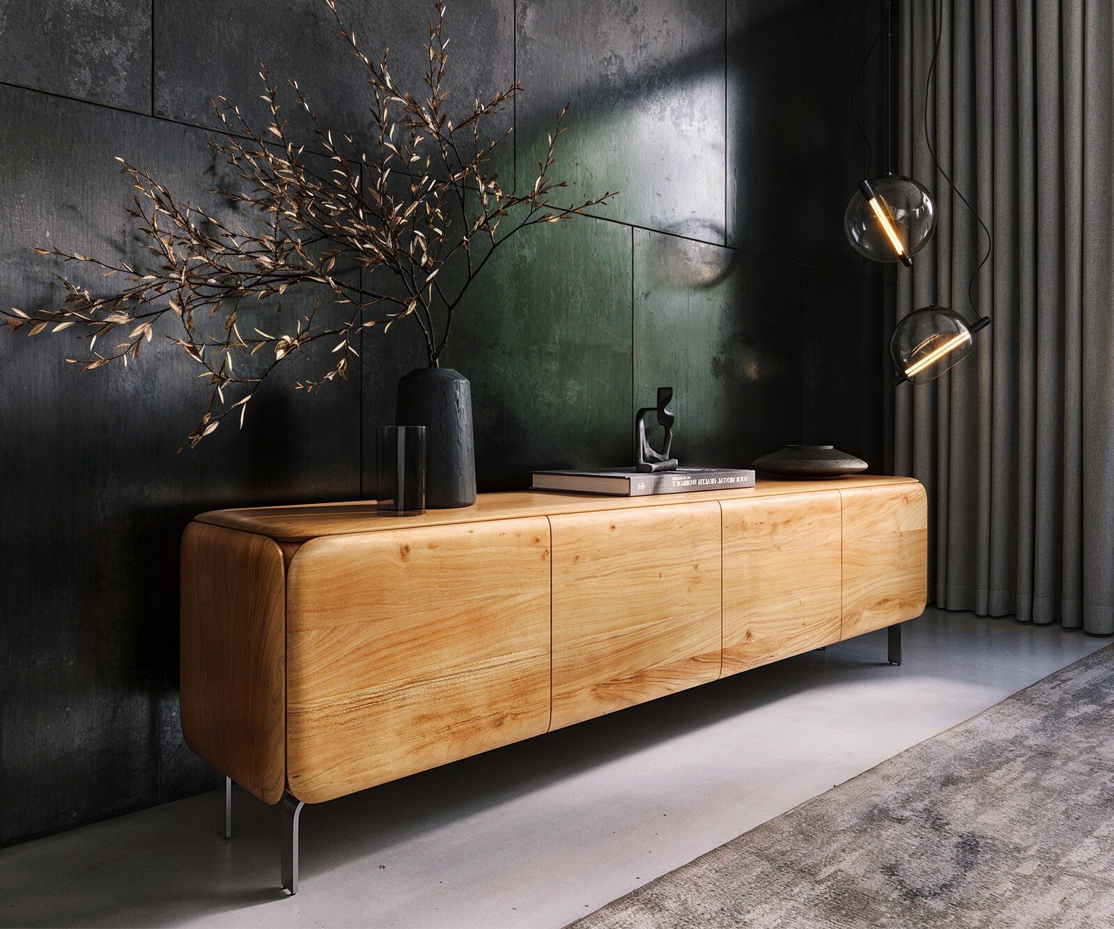 Lowboard Shavani 200 cm Akazie Natur 4 Türen L-Fuß Edelstahl Silber