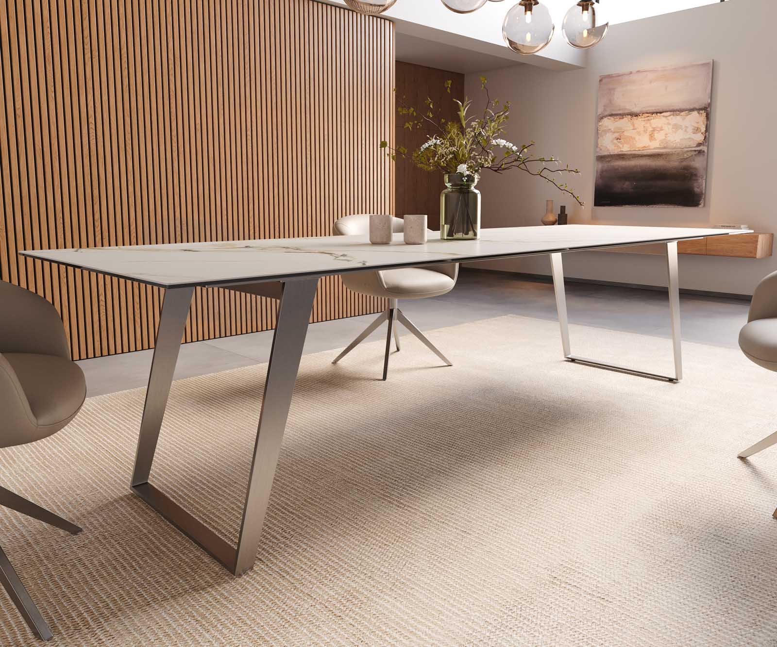 Esstisch Edge 300x100 Keramik Calacatta Luxe Weiß-Gold-Grau Edelstahl Schräg 6