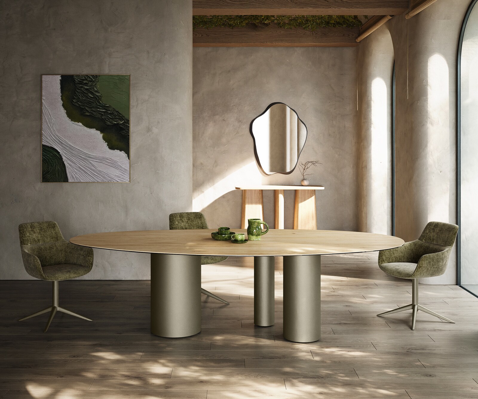 Esstisch Edge Oval 280x130 Keramik Laminam® Sabbia Eichefarbig Troa Metall Effektfinish Titan 1