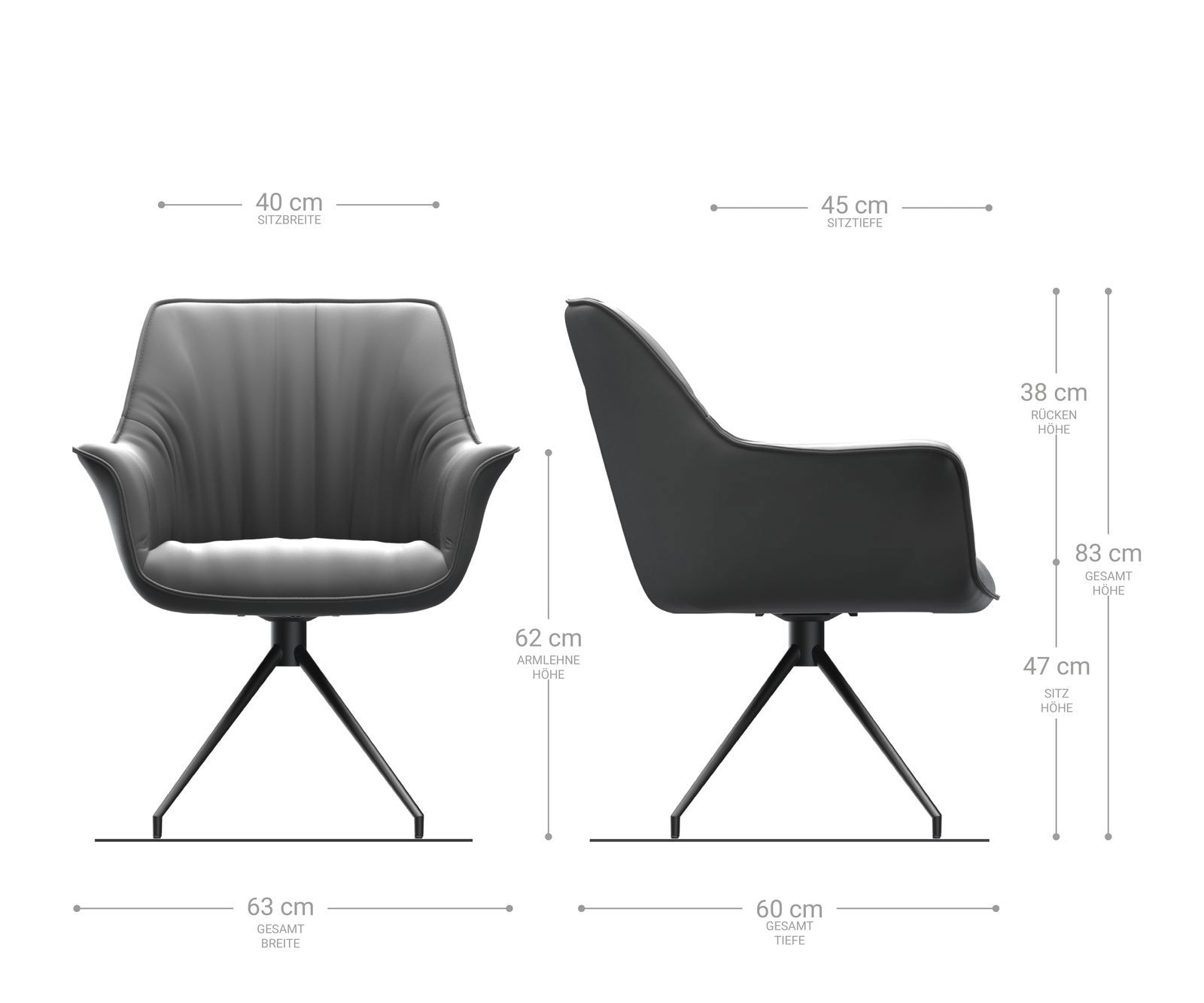 Chaise-de-salle-à-manger Keila-Flex avec accoudoirs cuir de vache noir pied croisé conique noir 6