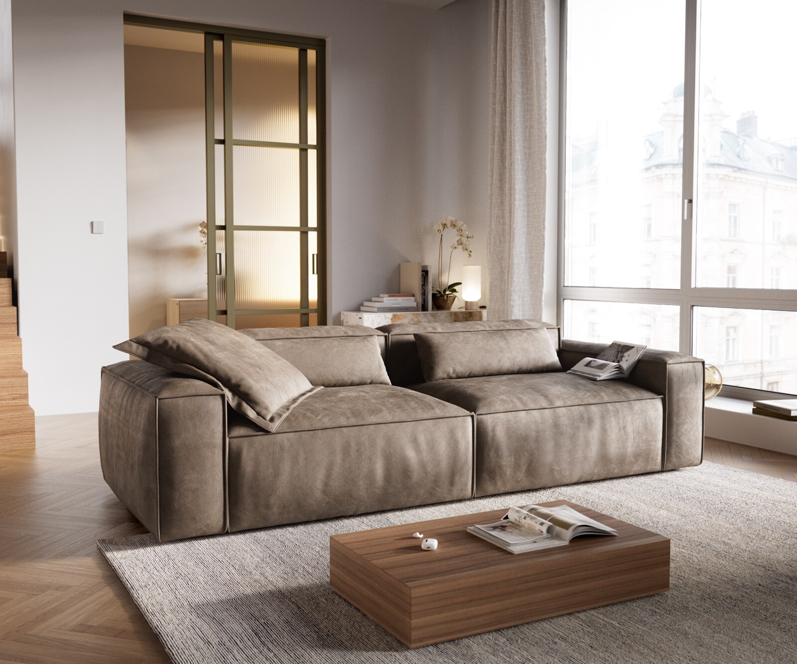 Big-Sofa Freestyle 280x110 cm Mikrofaser Taupe Vintage Kedernaht 2