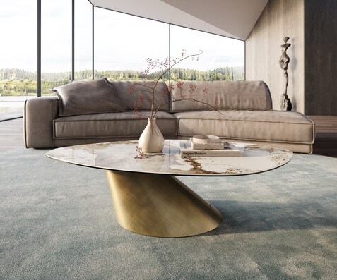 Couchtisch Edge Organisch 140x76 cm Keramik Minas Melange Conis Metallic Gold