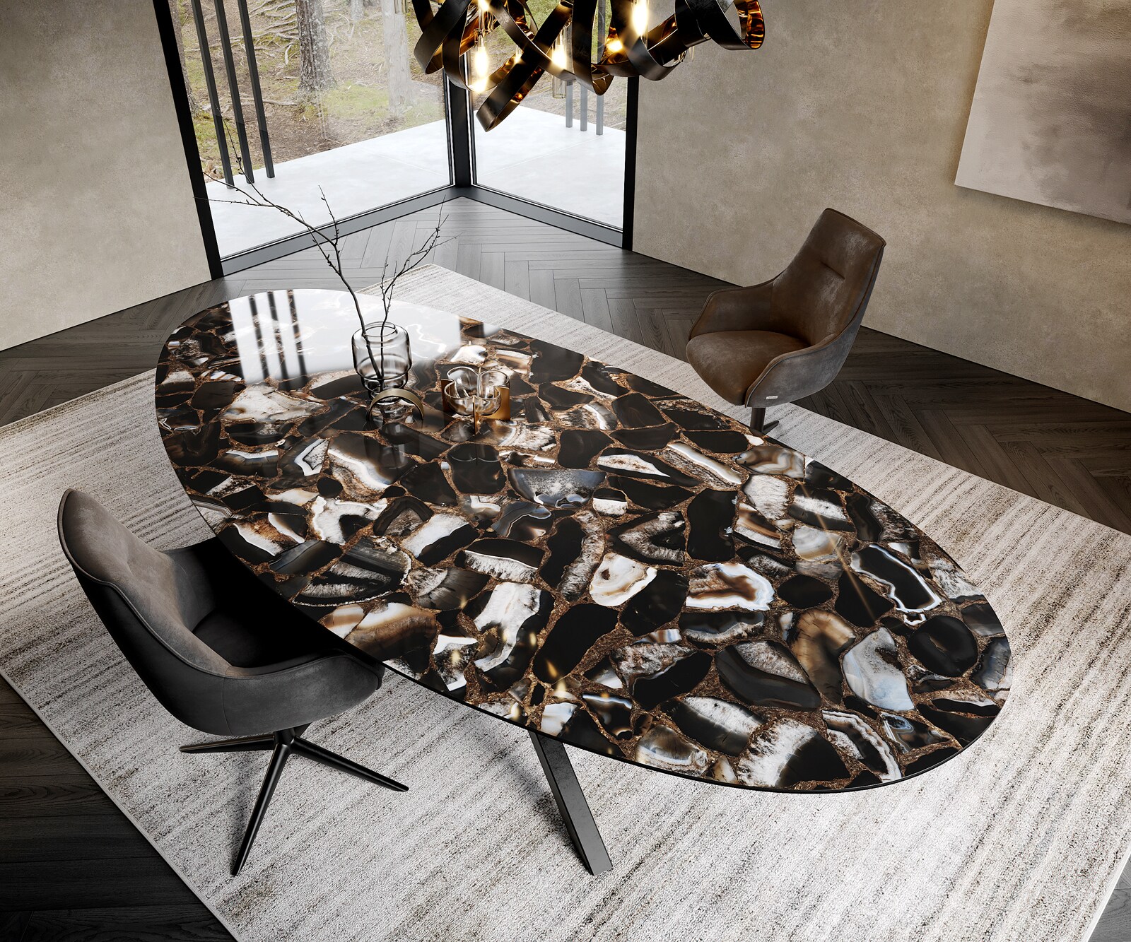 Table à manger Edge Oval 280x130 cm Céramique Iris FMG Agatablack piètement en croix Rectangle Noir 1