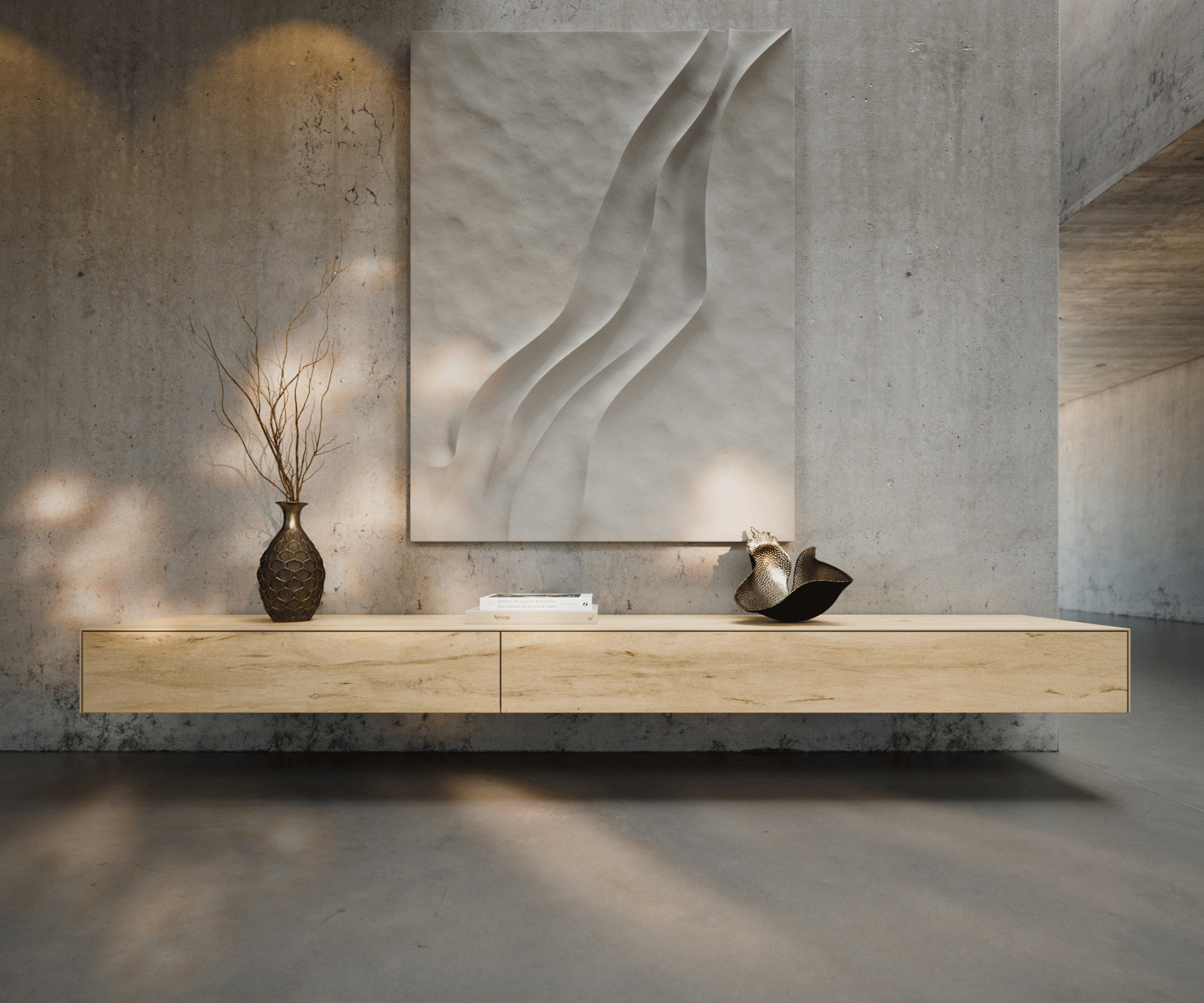 Lowboard Cuor 250 cm Keramik Laminam® Sabbia Eichefarbig 1 Klappe 1 Schubfach Schwebend 2