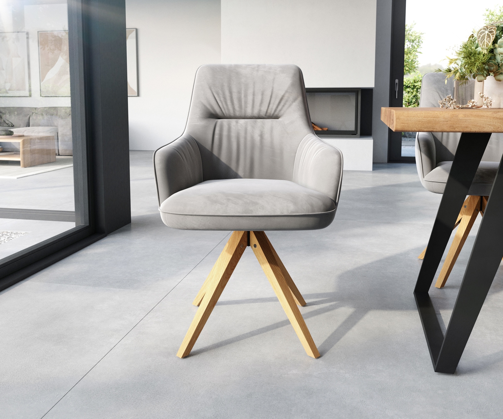 Esszimmerstuhl Zelia-Flex mit Armlehnen Samt Grau Holzgestell kantig Natur Taschenfederkern 2