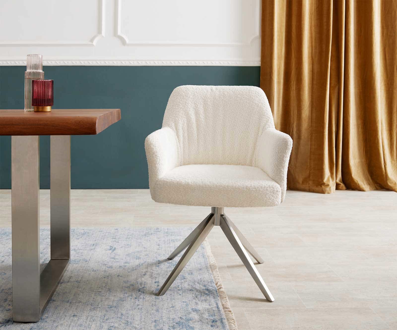 Drehstuhl Xana-Flex mit Armlehnen Bouclé Weiß Kreuzgestell breit Edelstahl 360° drehbar Taschenfederkern 1 Drehstuhl Xana-Flex mit Armlehnen Bouclé Weiß Kreuzgestell breit Edelstahl 360° drehbar Taschenfederkern 1