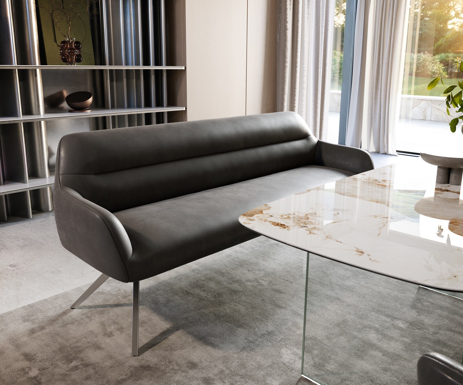 Banc-de-salle-à-manger Taya-Flex 200 cm microfibre antracite vintage pied croisé angulaire acier inoxydable ressort ensaché