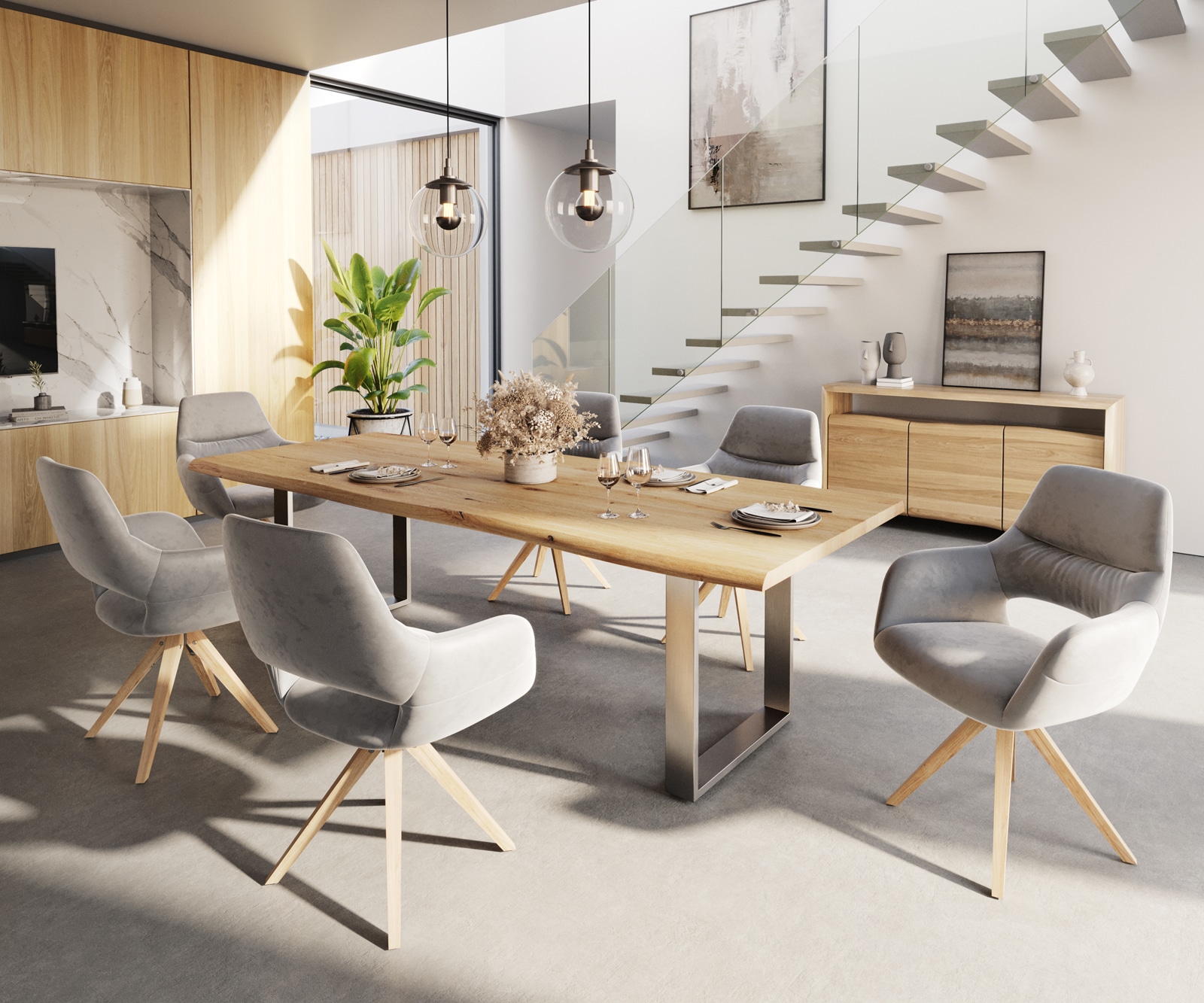 Esszimmerstuhl Yago-Flex mit Armlehnen Samt Grau Holzgestell kantig Natur Taschenfederkern 3 Esszimmerstuhl Yago-Flex mit Armlehnen Samt Grau Holzgestell kantig Natur Taschenfederkern 3