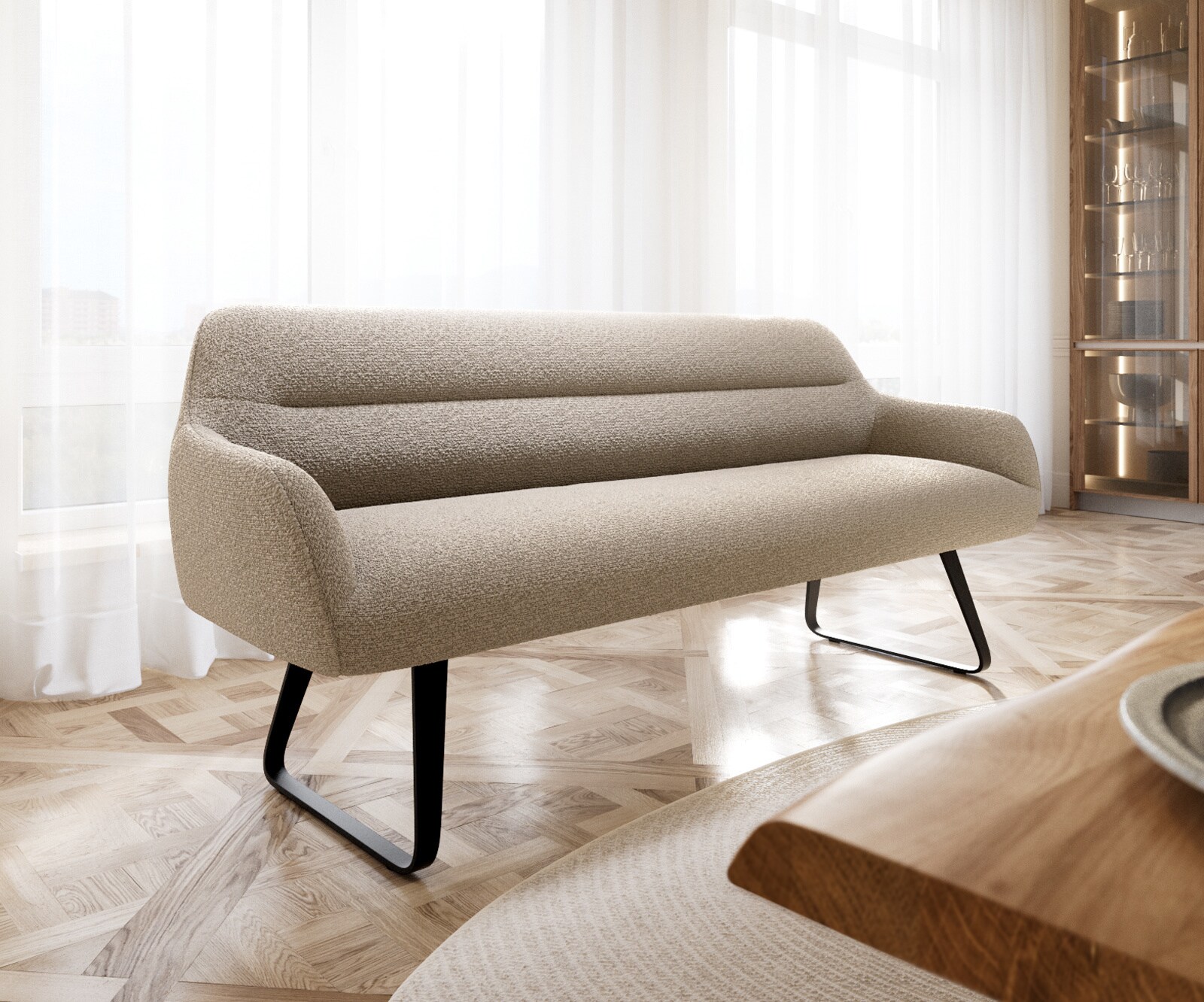 Esszimmerbank Taya-Flex 200 cm Bouclé Schlamm Kufengestell flach Schwarz Taschenfederkern