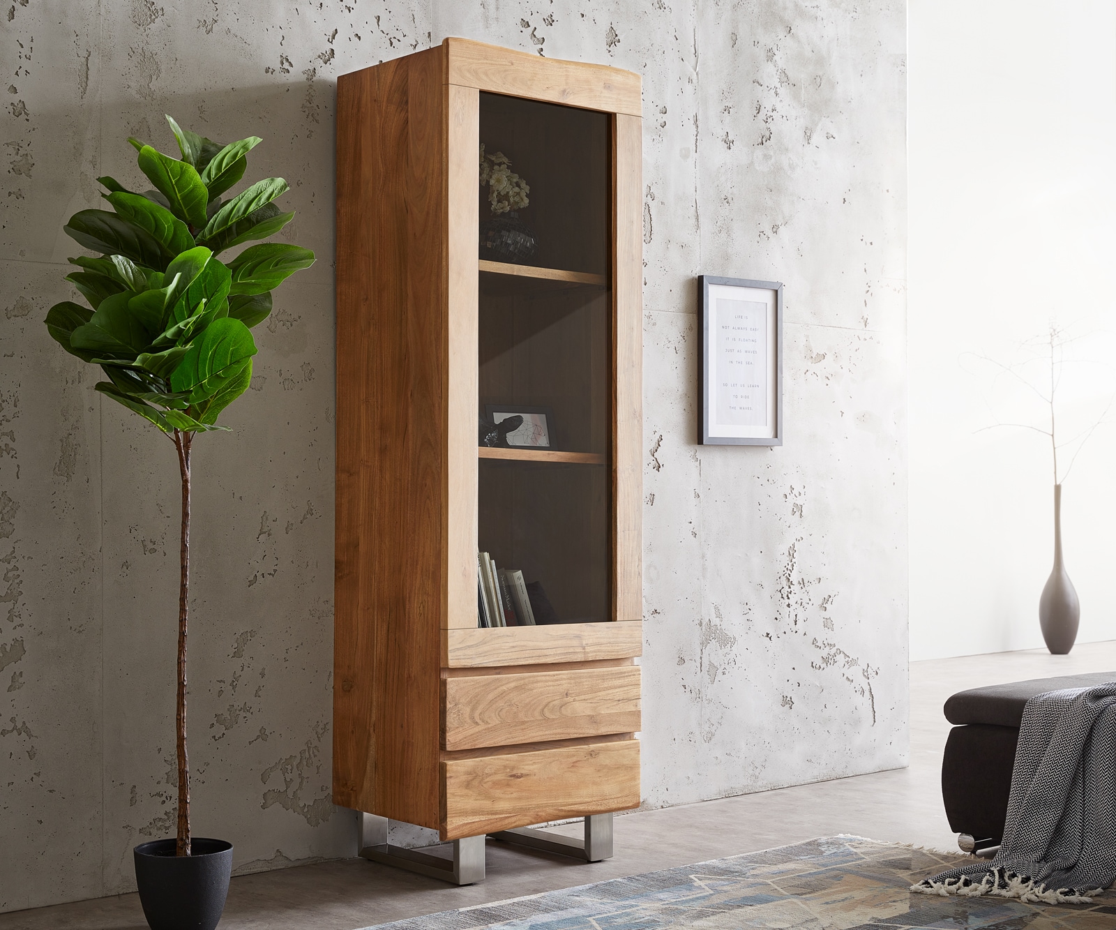 Highboard Live-Edge Glasvitrine Massivholz Edelstahl Füße