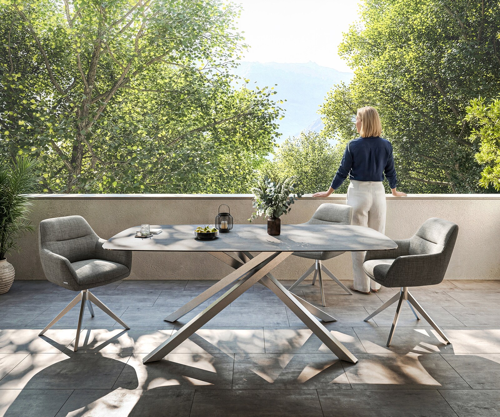 Table d’extérieur Edge bateau 200x100 cm céramique béton gris piètement croisé rectangulaire inox