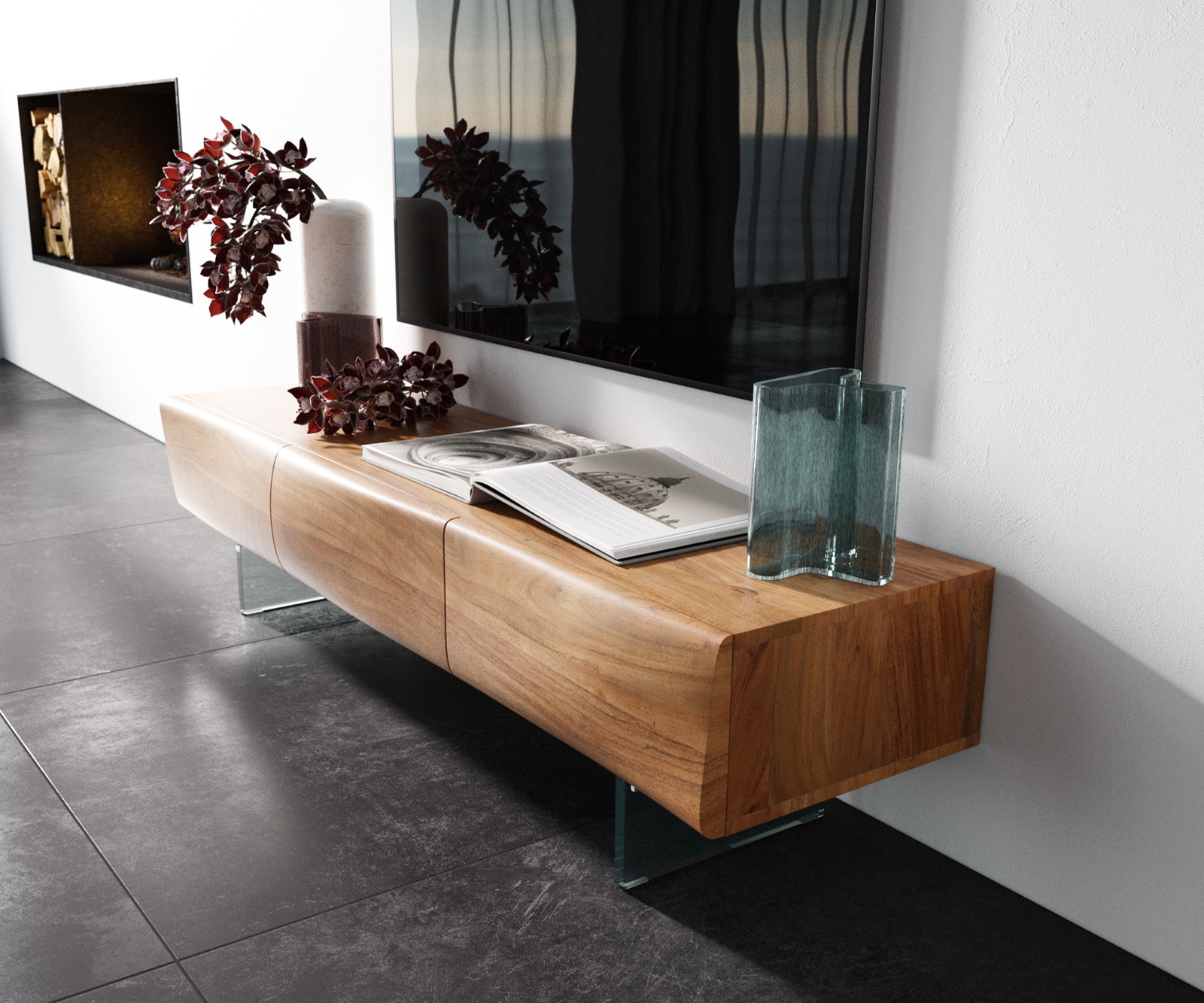Meuble - TV New Live-Edge 145 cm acacia naturel 3 portes pied en verre 1 Meuble - TV New Live-Edge 145 cm acacia naturel 3 portes pied en verre 1