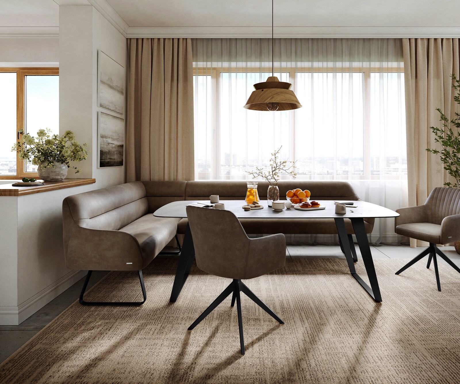 Banc-de-salle-à-manger Taya-Flex 285x190 cm microfibre taupe vintage châssis à patins plat noir ressort ensaché à droite 2