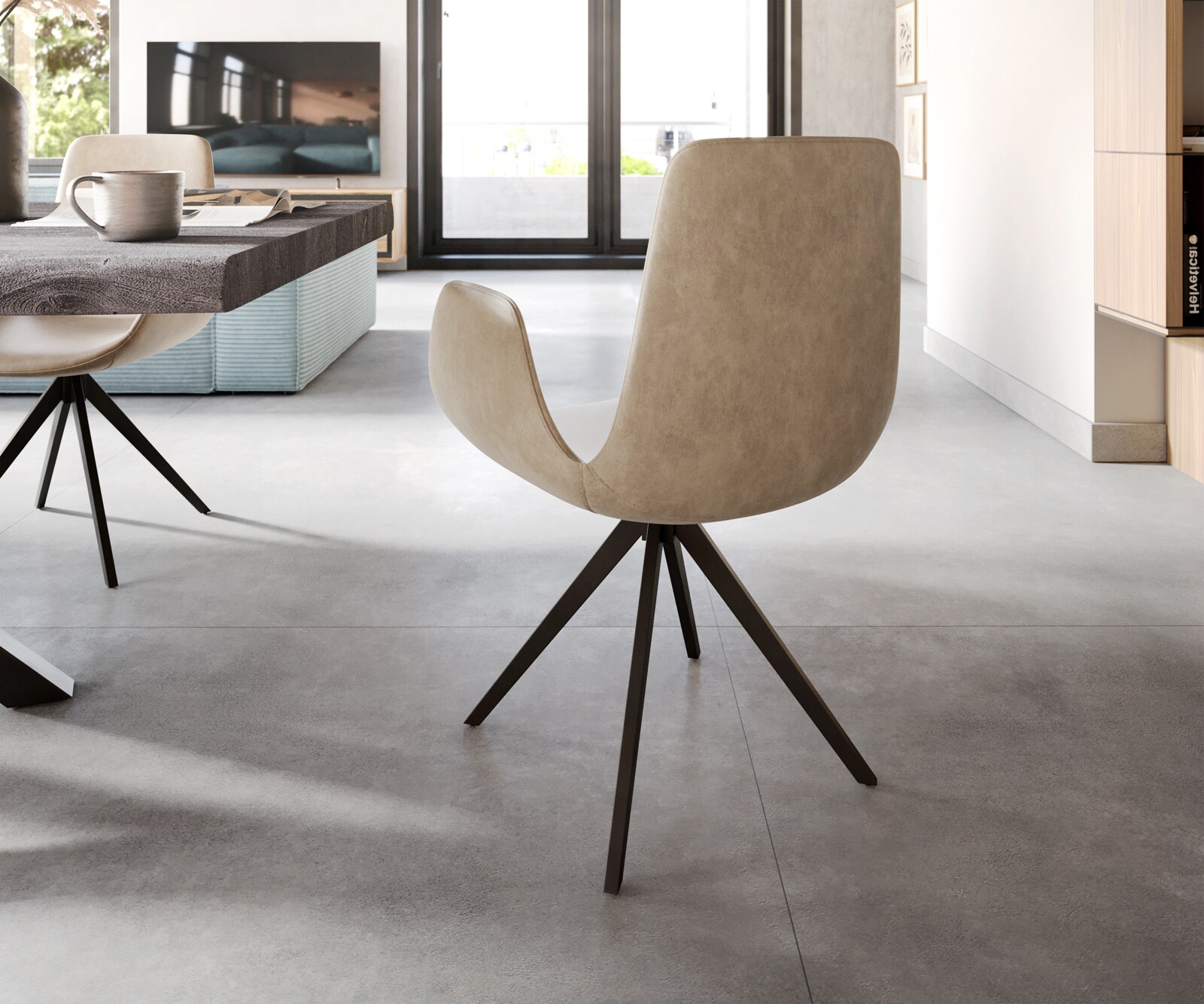 Esszimmerstuhl Ilia-Flex mit Armlehnen Mikrofaser Beige Vintage Kreuzgestell kantig Schwarz 5 Esszimmerstuhl Ilia-Flex mit Armlehnen Mikrofaser Beige Vintage Kreuzgestell kantig Schwarz 5