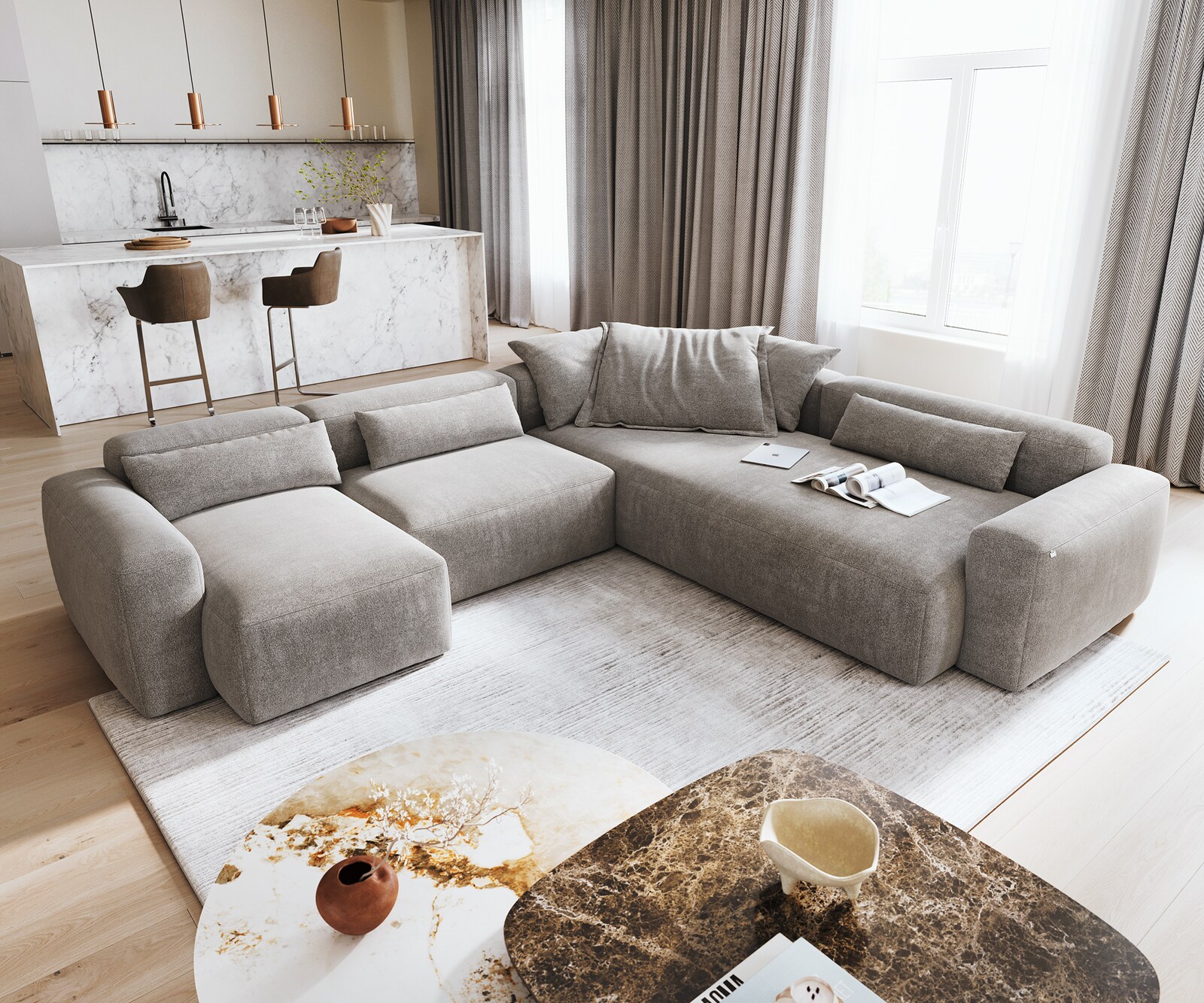 Wohnlandschaft Freestyle 360x290 cm Strukturstoff Soft Grau Kappnaht