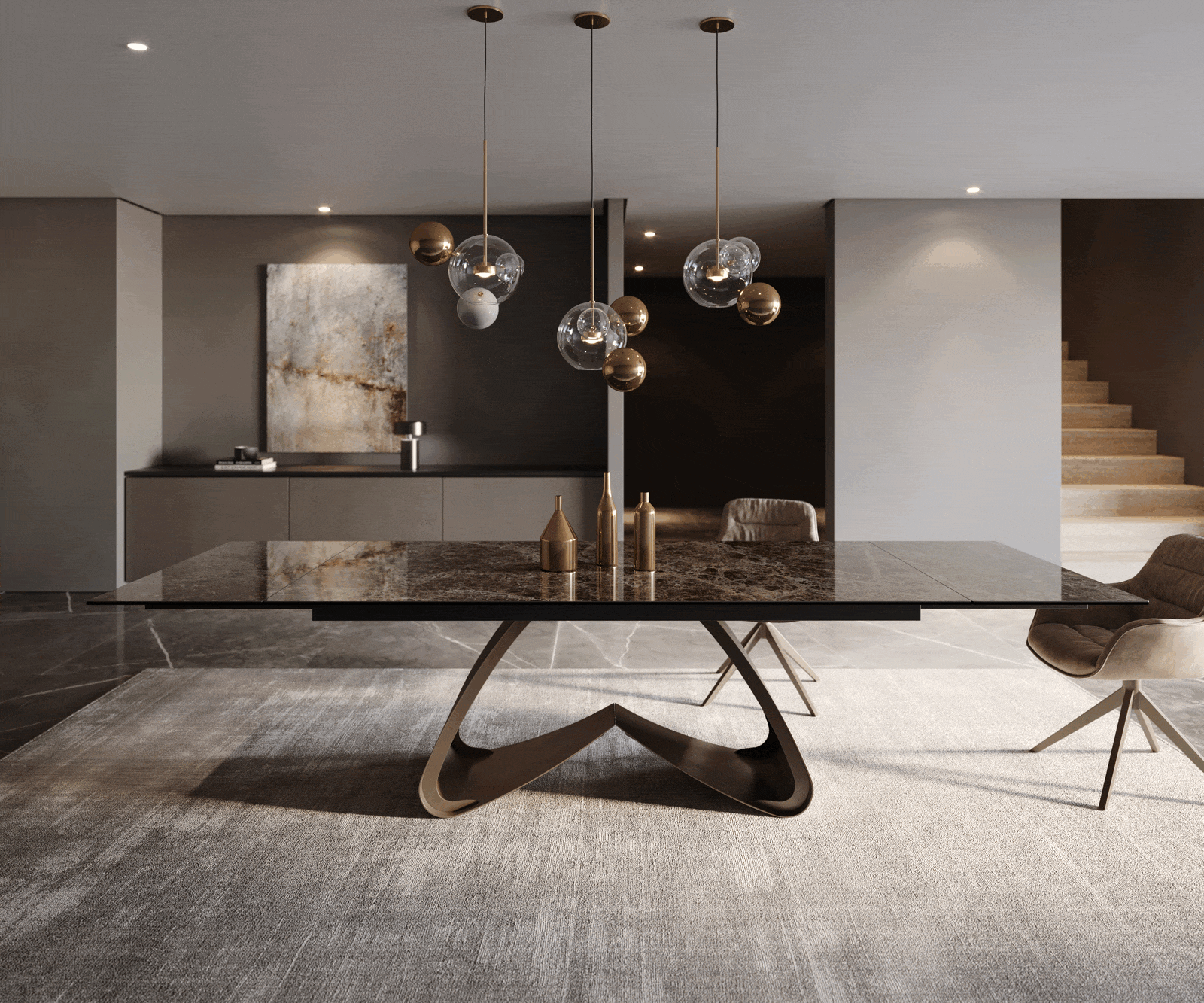 Esstisch Edge 200-300x100 Keramik Emperador Extra Lucidato Dunkelbraun W-Gestell Effektfinish Titan ausziehbar 2