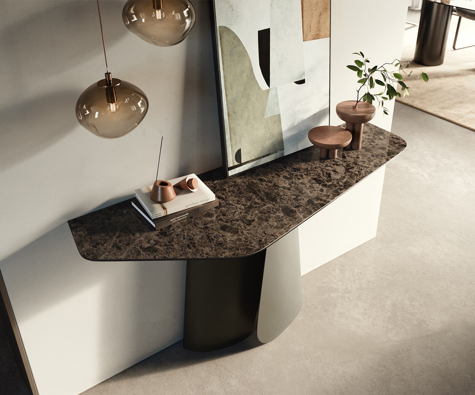 Konsolentisch Edge Polygonal 140x50 cm Keramik Emperador Extra Lucidato Dunkelbraun Livos Metall Effektfinish Titan 2