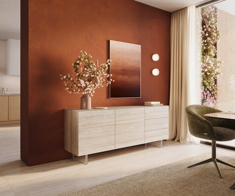 Sideboard Cuor 180 cm Keramik Laminam® Travertino Bianco Creme-Weiß 2 Türen 3 Schubfächer Fuß Schwebeoptik Acrylglas