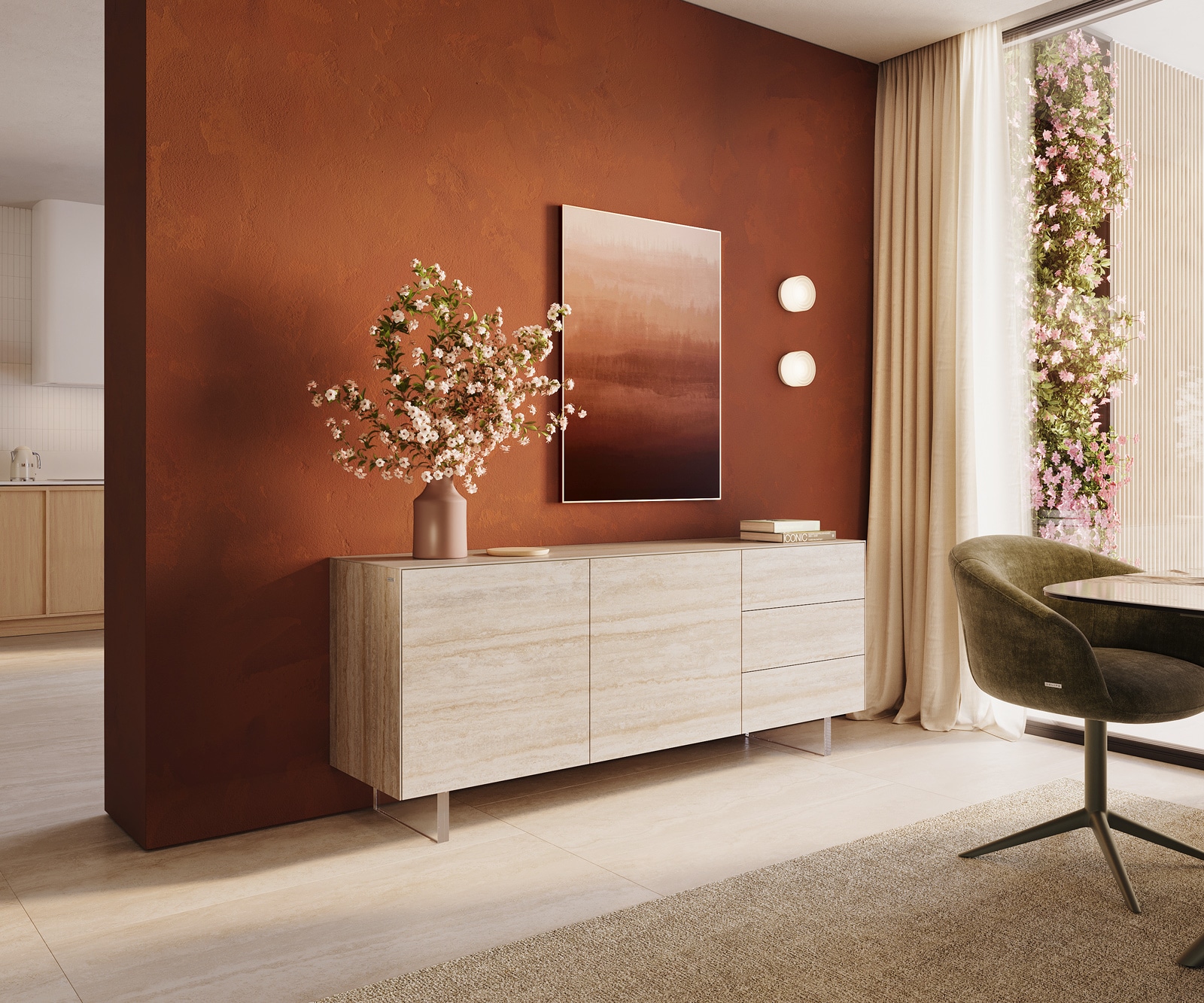 Kommode Cuor Keramik Laminam® Travertino Bianco Creme-Weiß 180 cm 2 Türen 3 Schubfächer Fuß Schwebeoptik Acrylglas Sideboard