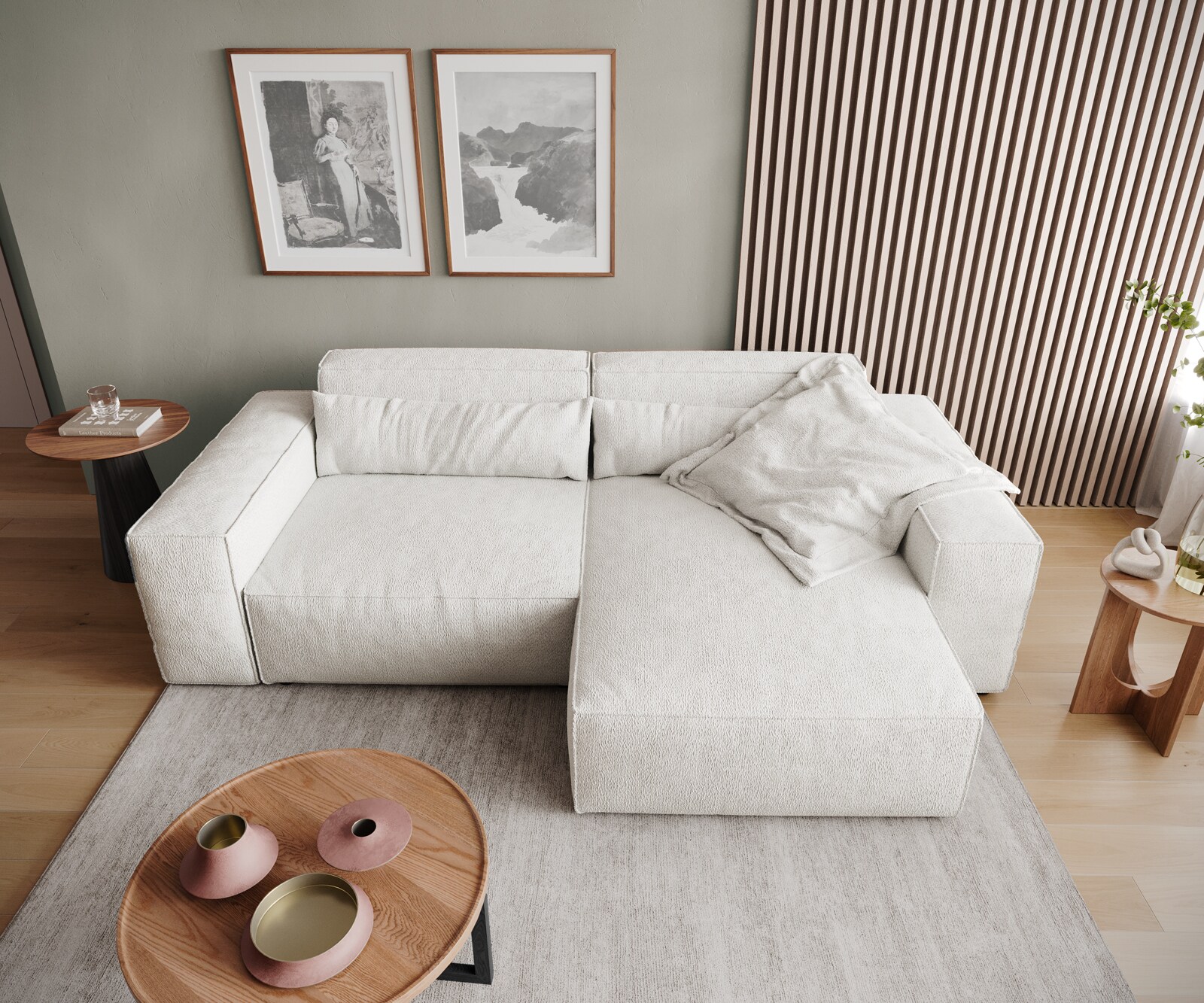 Canapé d'angle Sirpio 230x155 cm Bouclee Crème-blanc Recamiere variable 5