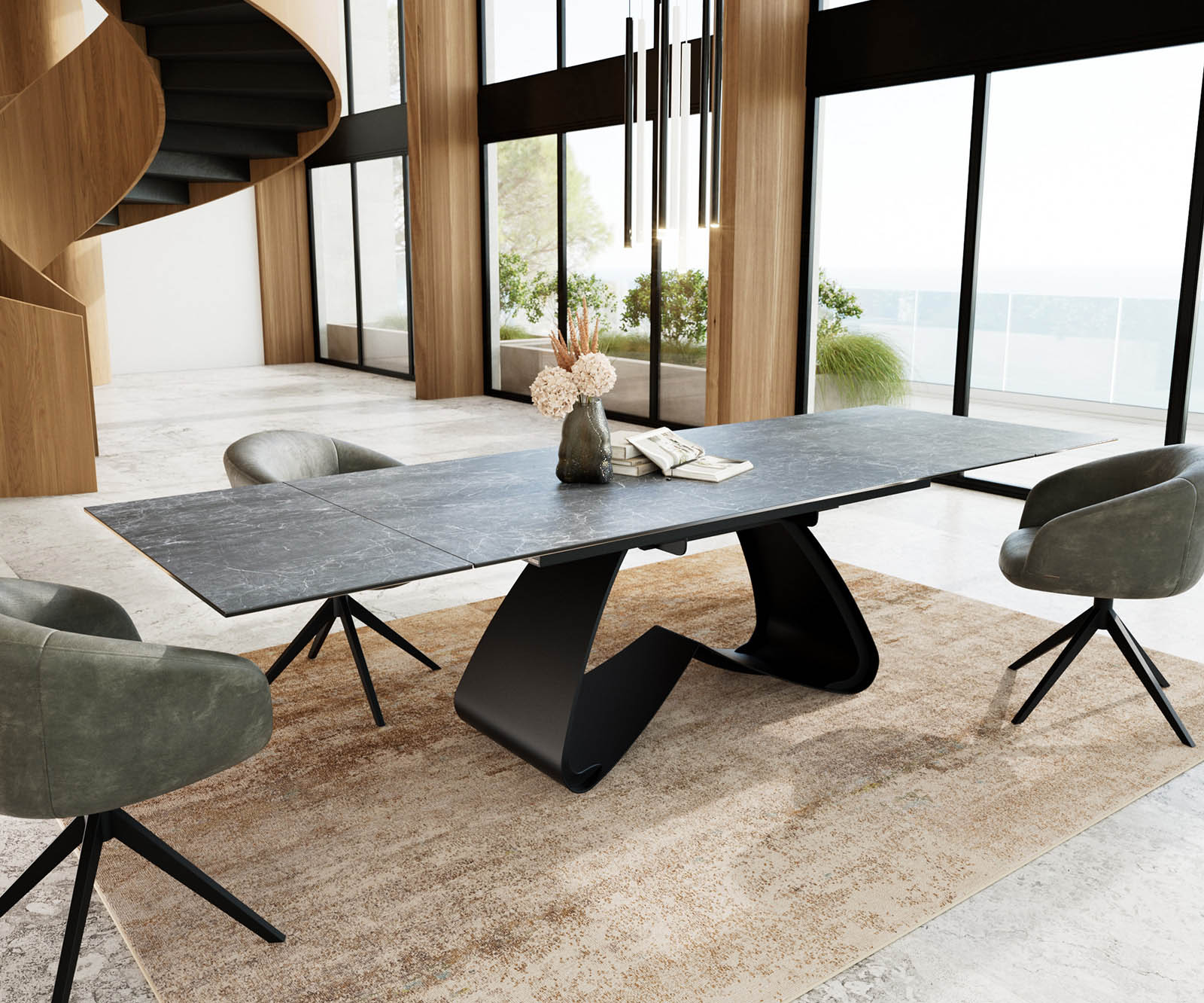 Esstisch Edge 200-300x100 Keramik Laminam®Nero Greco Anthrazit W-Gestell Schwarz ausziehbar 5