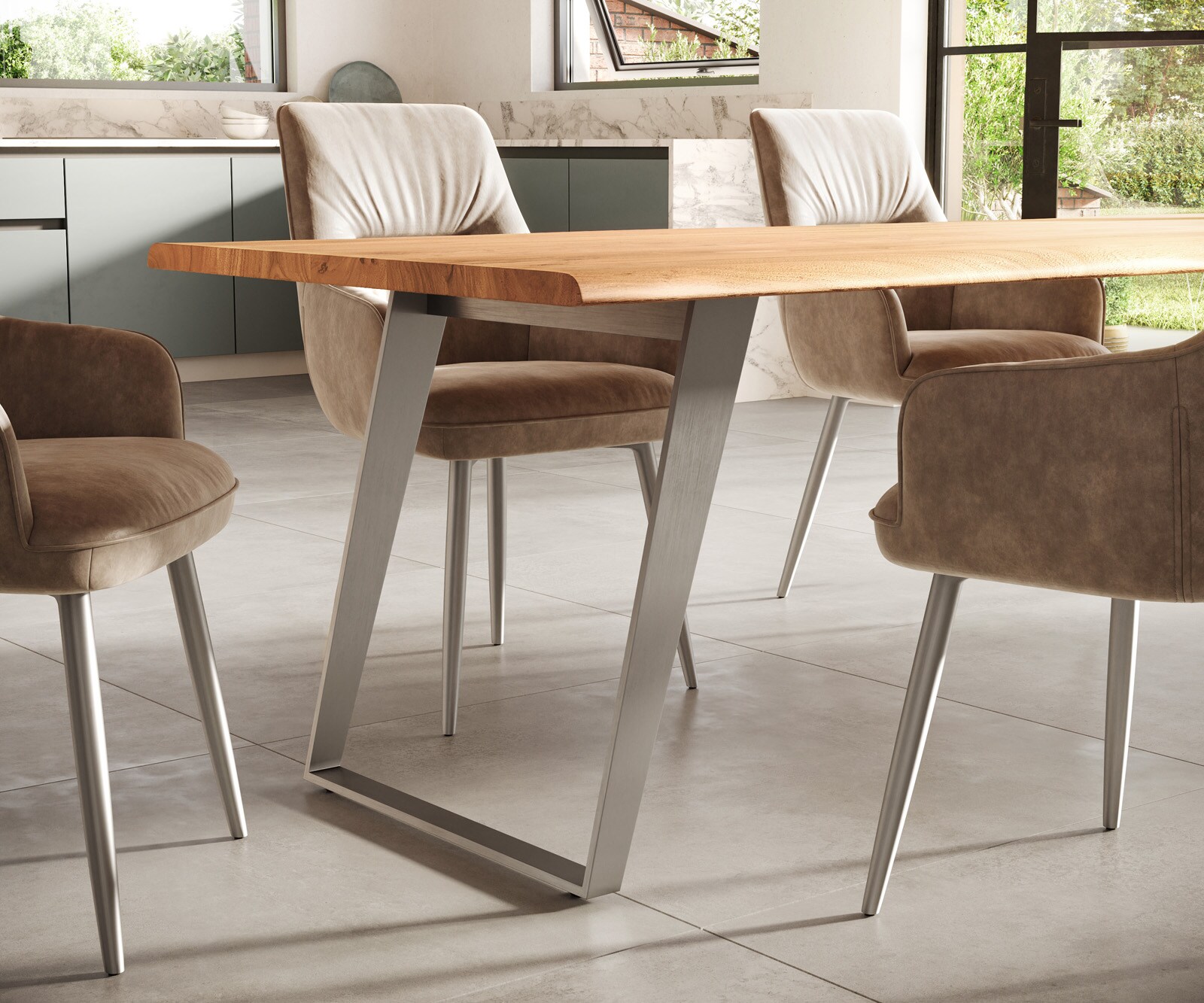 Table-à-manger Edge 300x100cm acacia nature acier inoxydable argent incliné Live-Edge 6
