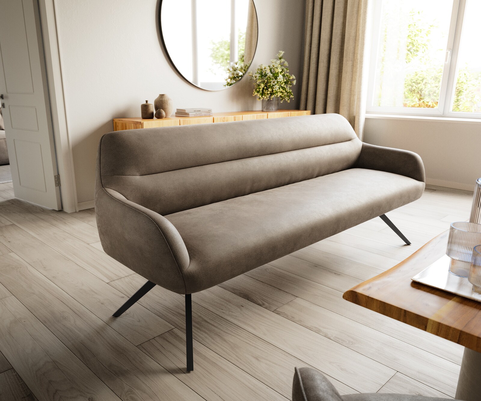 Banc-de-salle-à-manger Taya-Flex 200 cm microfibre taupe vintage pied croisé angulaire noir ressort ensaché