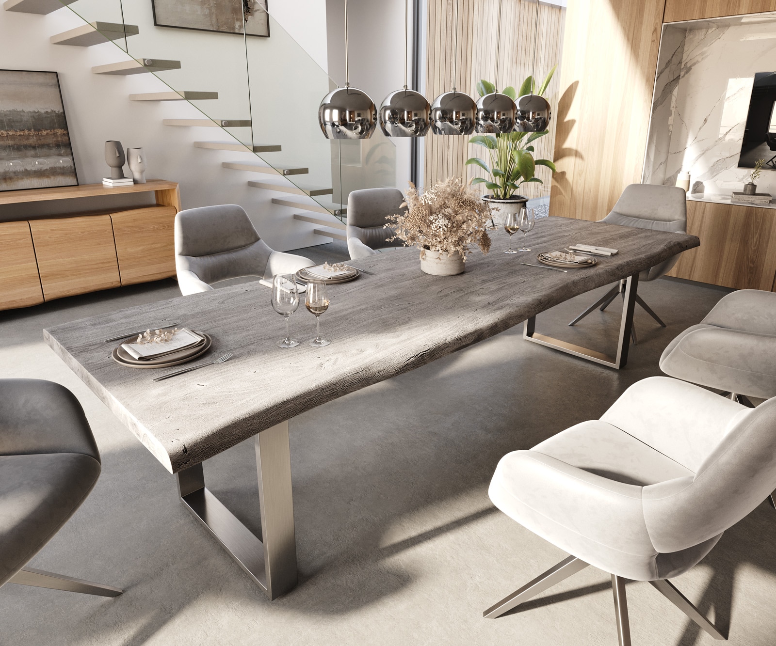 Esszimmertisch Edge Akazie Platin 300x100 XL Edelstahl Schmal Live-Edge