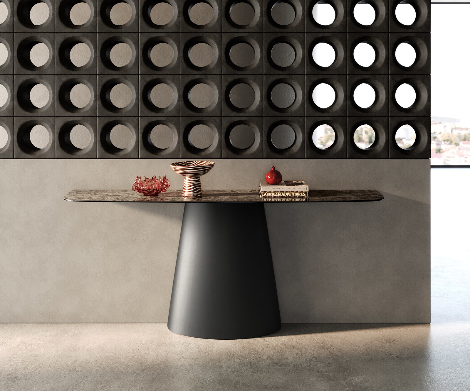 Console Edge forme bateau 180x40 cm Céramique Emperador Extra Lucidato Dunkelbraun Conos Métal Noir 3