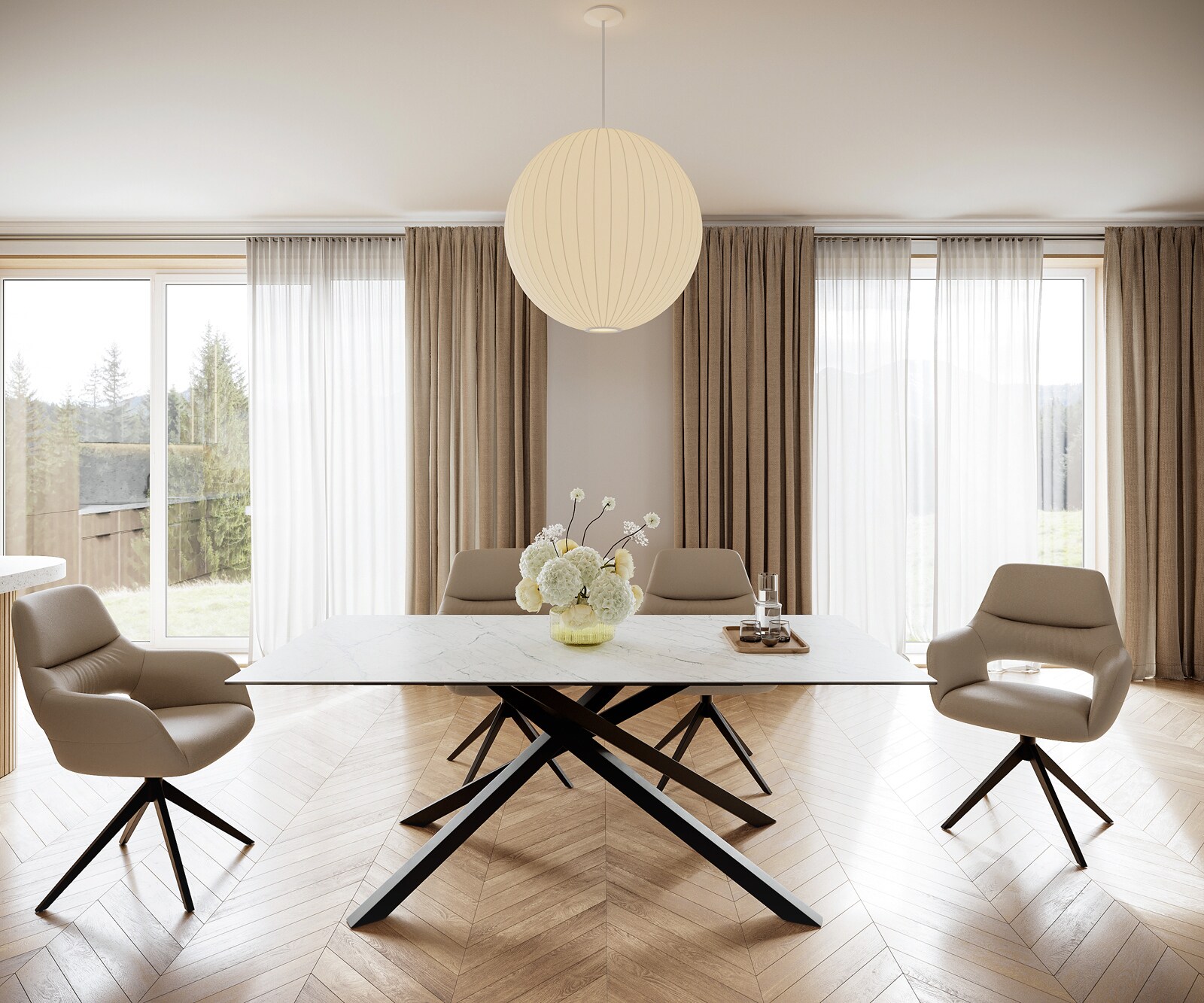 Esstisch Edge 200x100cm Keramik Laminam®Statuarietto Weiß Mittelfuß Kreuz Schwarz 2