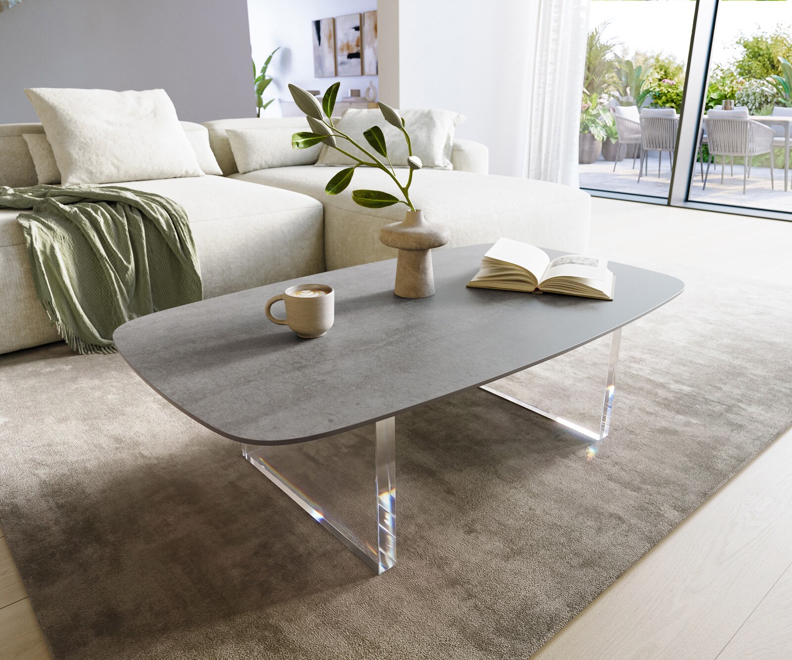 Table basse Edge forme bateau 120x70 cm céramique béton gris Lumia acrylique