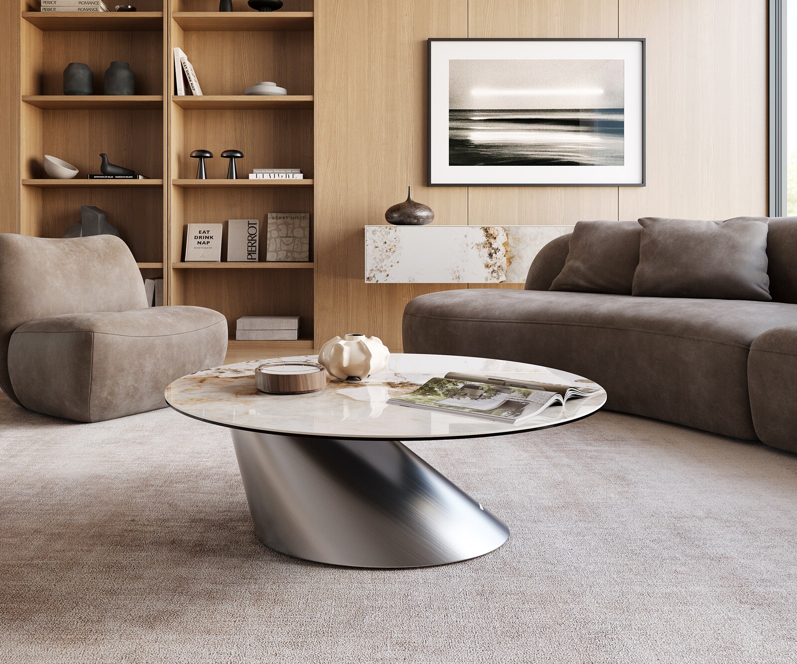 Couchtisch Edge Rund 100x100 cm Keramik Minas Melange Conis Edelstahl gebürstet 2