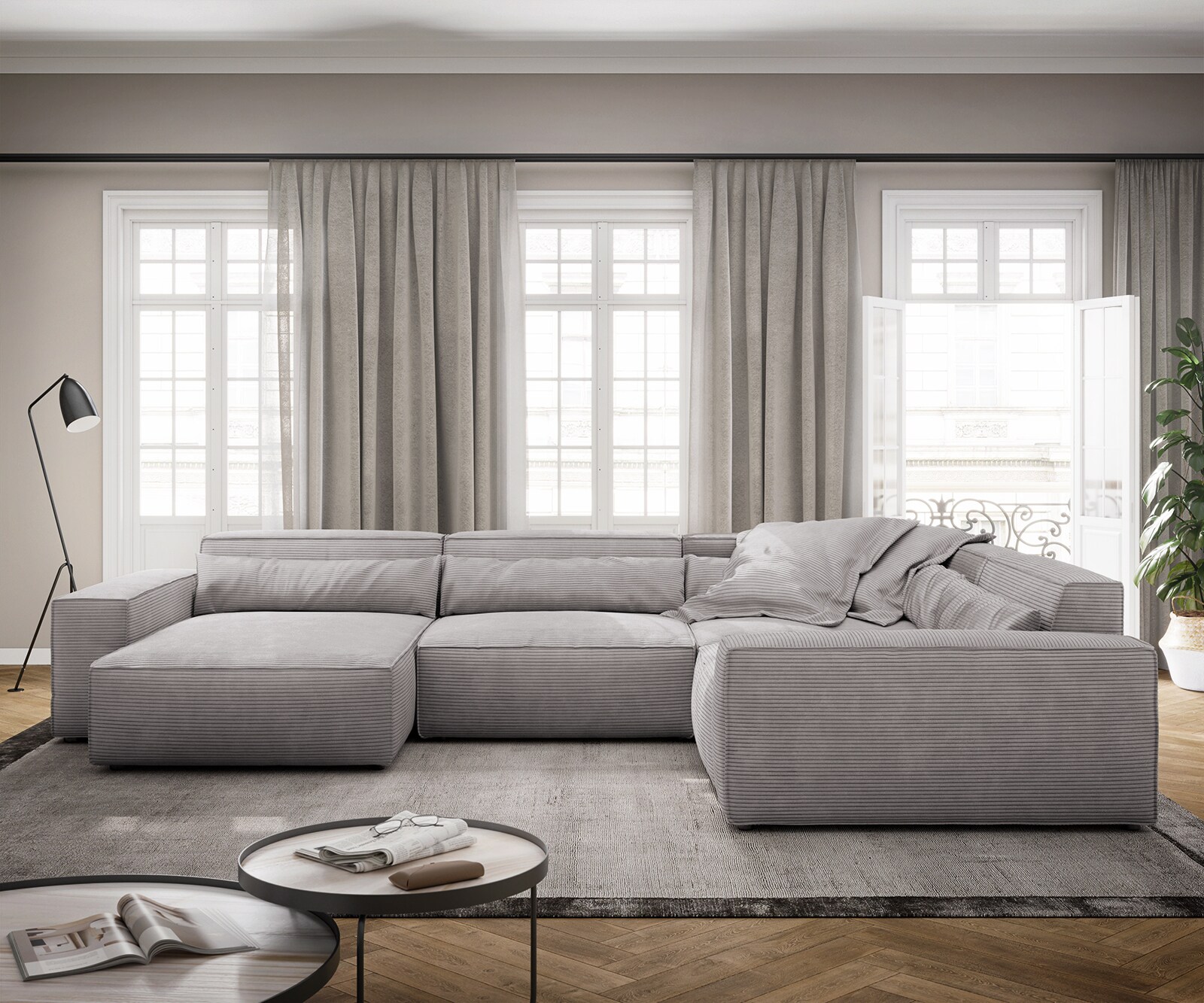 Wohnlandschaft Sirpio XL 360x260 cm Cord Silbergrau Recamiere variabel 1